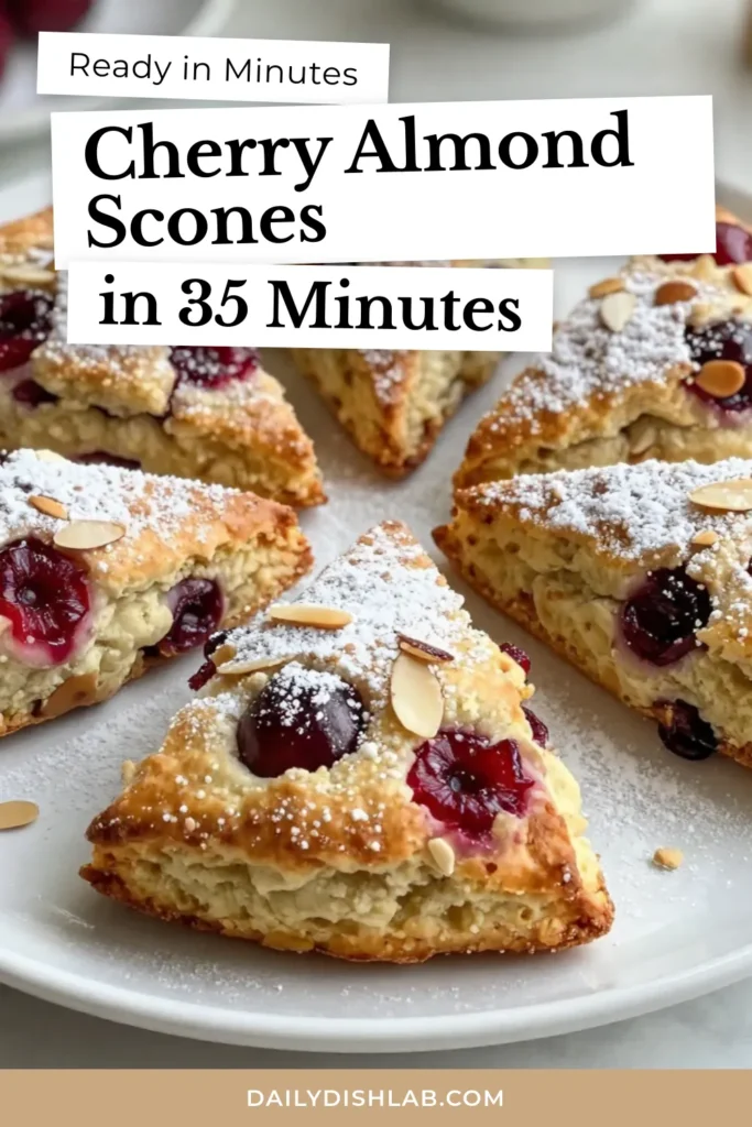 Indulge in these delicious Cherry Almond Scones, the perfect easy scone recipe for your baking adventures! Bursting with fresh cherries and a hint of almond from almond extract, this homemade scone recipe is a must-try for any lover of fresh cherry desserts. Bake these golden treats in just 35 minutes. Ready to impress? Save this recipe and enjoy baking! #CherryAlmondScones #EasySconeRecipe #FreshCherryDesserts #HomemadeScones