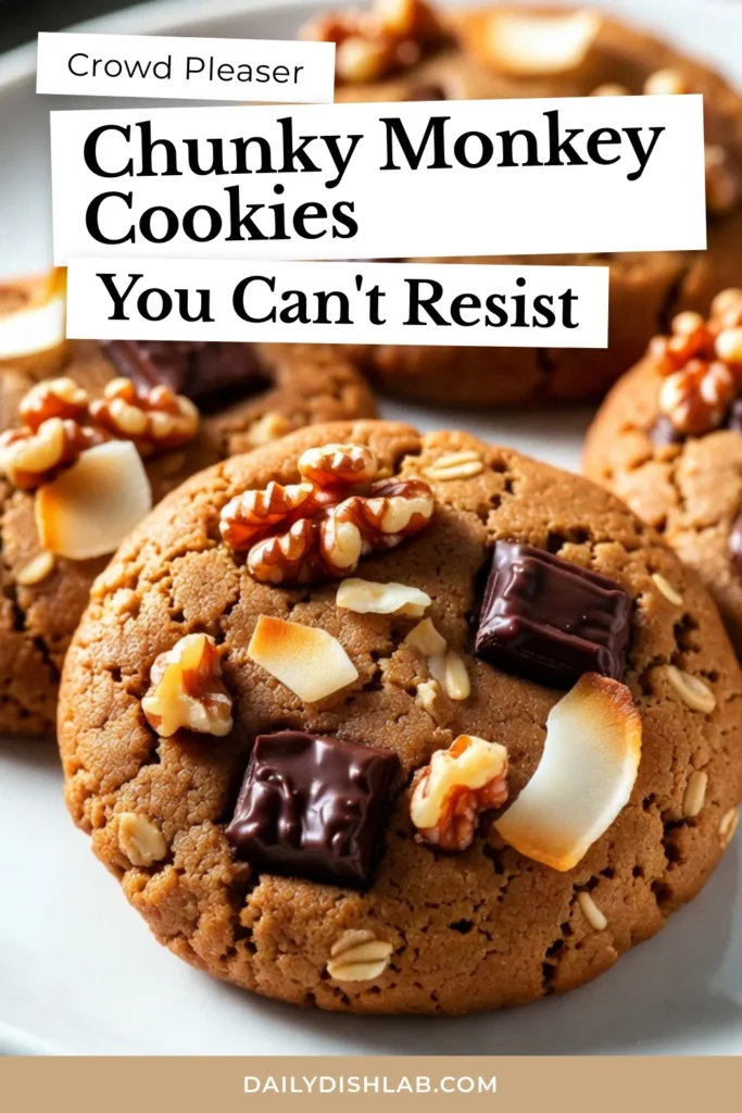 Indulge in delicious Chunky Monkey Cookies with this easy cookie recipe! Perfectly chewy Chocolate Oatmeal Cookies packed with rich chocolate chunks and optional walnuts or coconut. These homemade chocolate cookies are quick to make and a hit at any gathering. Treat yourself today! Try this simple recipe and share your love for oatmeal cookies with chocolate chunks! #ChunkyMonkeyCookies #ChocolateOatmealCookies #EasyCookieRecipe #HomemadeChocolateCookies