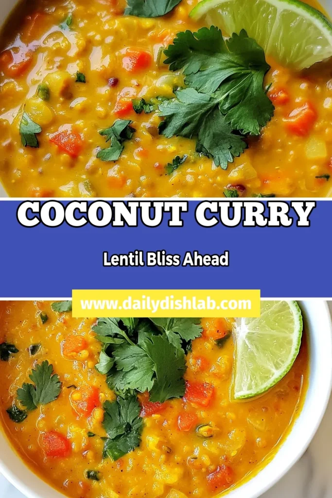 Discover the deliciousness of Coconut Curry Lentil Soup, a comforting vegan lentil soup recipe bursting with flavor! This healthy vegetarian soup is packed with spices and creamy coconut milk, making it a perfect meal for any day. Enjoy a bowl of this spicy lentil soup that’s as nutritious as it is satisfying. Save this recipe now and bring warmth to your kitchen! #CoconutCurryLentilSoup #VeganLentilSoup #ComfortingCoconutSoup #HealthyVegetarianSoup