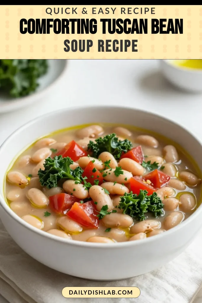 Warm up with this delicious Tuscan white bean soup that's both hearty and healthy! This easy white bean soup features a blend of cannellini beans, fresh kale, and rustic Italian spices, making it the perfect vegetarian soup with kale for any occasion. Enjoy a bowl of this healthy bean soup recipe that's sure to impress. Try it today and savor the flavors of Italy! Save for later! #TuscanWhiteBeanSoup #HealthyBeanSoupRecipe #VegetarianSoupWithKale #EasyWhiteBeanSoup