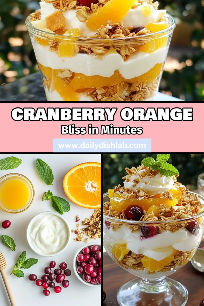 Indulge in a delightful Cranberry Orange Parfait that's not just a treat, but a healthy breakfast recipe you'll love! This easy Greek Yogurt Parfait recipe layers creamy yogurt with a tangy cranberry mixture and crunchy granola for a satisfying layered yogurt dessert. Perfect for any time of day, this recipe is simple to whip up and visually stunning. Try it today and elevate your breakfast game! #CranberryOrangeParfait #GreekYogurtParfaitRecipe #HealthyBreakfast #EasyYogurtParfait