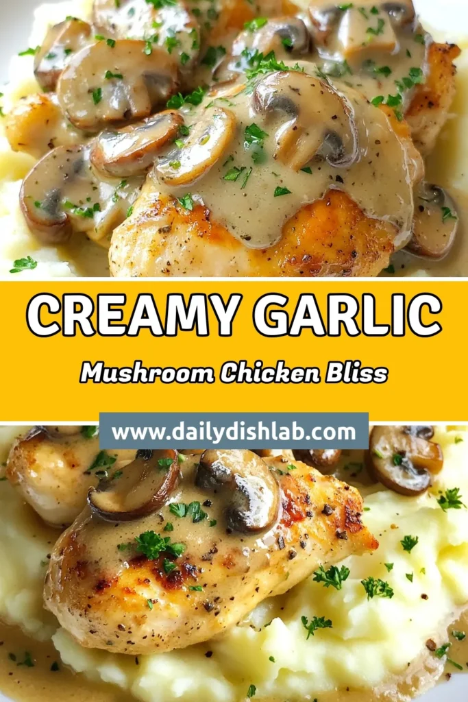 Indulge in this deliciously creamy garlic mushroom chicken that guarantees a hit at your dinner table! Perfect for busy weeknights, this easy chicken recipe combines tender chicken breasts with a rich garlic mushroom sauce in just 30 minutes. Explore skillet chicken recipes that your family will love. Try it tonight and elevate your chicken dinner ideas. Don’t forget to save this recipe for later! #CreamyGarlicMushroomChicken #EasyChickenRecipes #SkilletChickenRecipes #ChickenDinnerIdeas