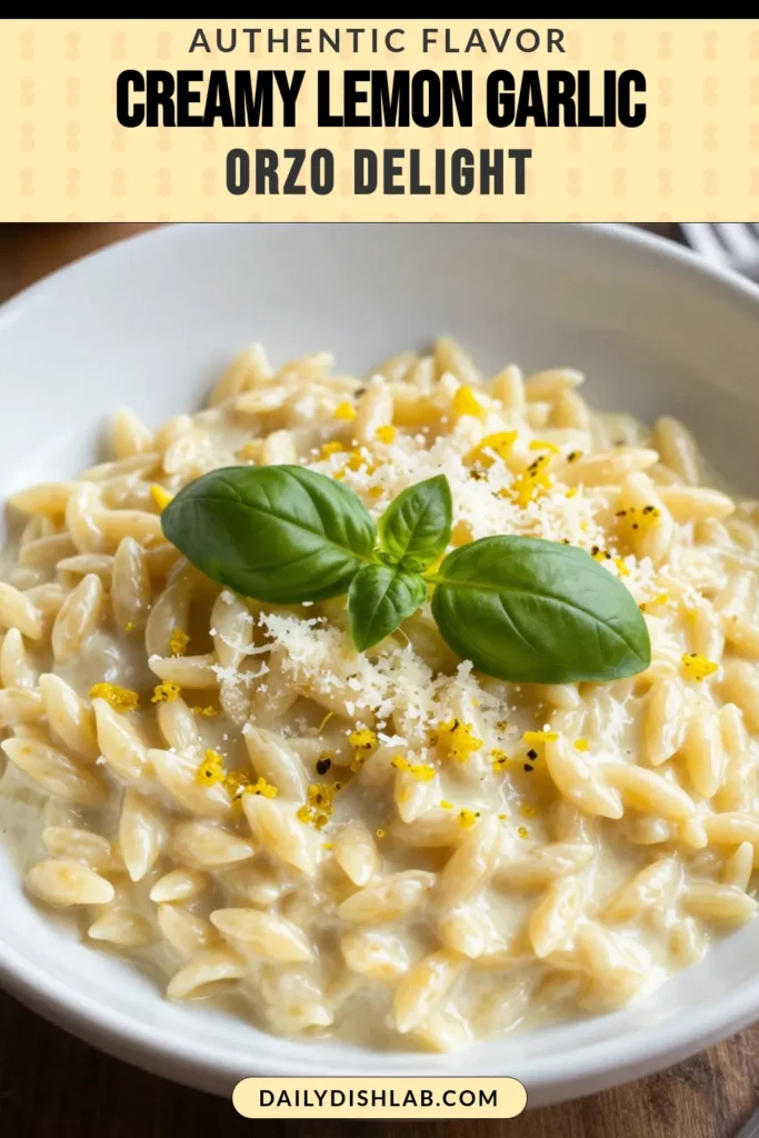 Discover the deliciousness of Creamy Lemon Garlic Orzo, a must-try orzo pasta recipe that’s perfect for any meal. This easy creamy orzo recipe features zesty lemon, fragrant garlic, and a rich, creamy sauce that makes a delightful vegetarian orzo dish. Ready in just 25 minutes, it’s the ideal comfort food for busy weeknights. Save this recipe now and delight your taste buds! #OrzoPasta #PastaRecipe #VegetarianDish #CreamyOrzo
