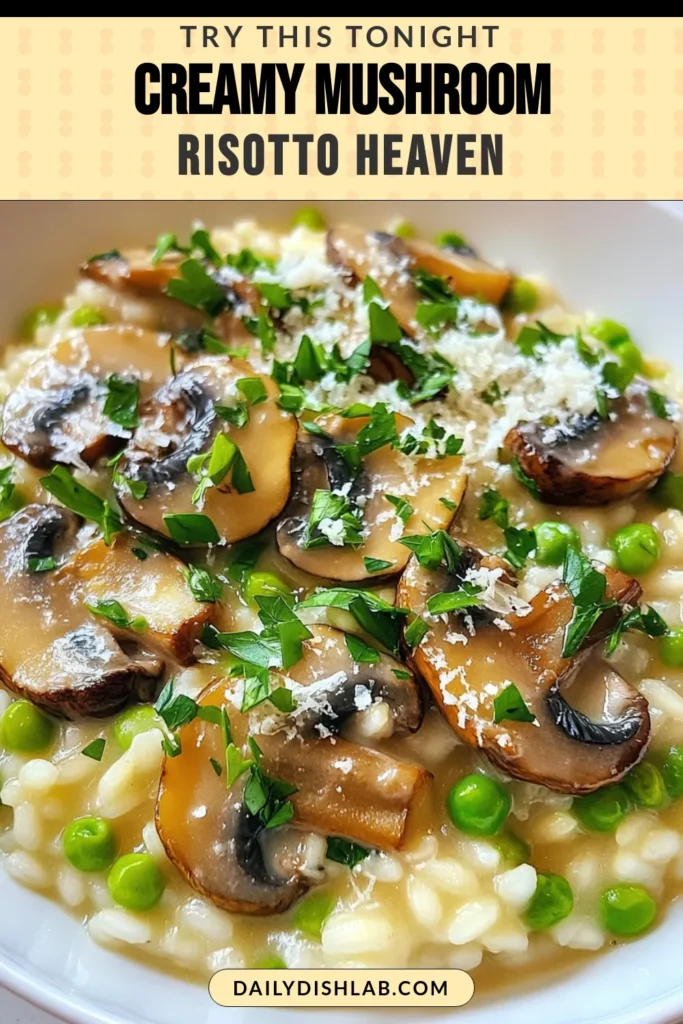 Indulge in this creamy mushroom risotto recipe that’s ideal for any occasion. Made with Arborio rice and fresh peas, this easy vegetarian risotto is perfect for dinner enthusiasts. Follow our Arborio rice cooking instructions to achieve a luxurious texture. Top it all off with a sprinkle of Parmesan cheese for a delicious Parmesan mushroom risotto. Save this creamy risotto with peas recipe for your next meal! #MushroomRisotto #VegetarianRecipes #EasyDinner #ComfortFood