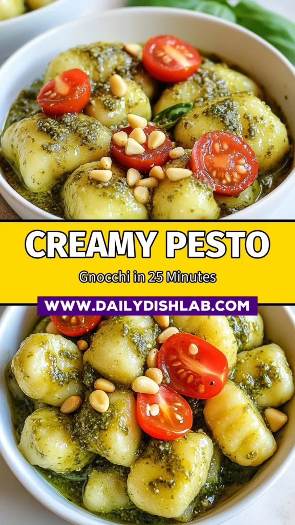 Discover the delightful creamy pesto gnocchi recipe that transforms simple ingredients into an irresistible dish! This quick weeknight dinner features homemade pesto sauce made with fresh basil and toasted pine nuts, mixed with potato gnocchi and cream for a rich flavor. Impress your family with this 25-minute meal that's both easy and delicious. Save this recipe and bring a taste of Italy to your kitchen! #PastaLovers #QuickRecipes #DeliciousDinner #PestoRecipe