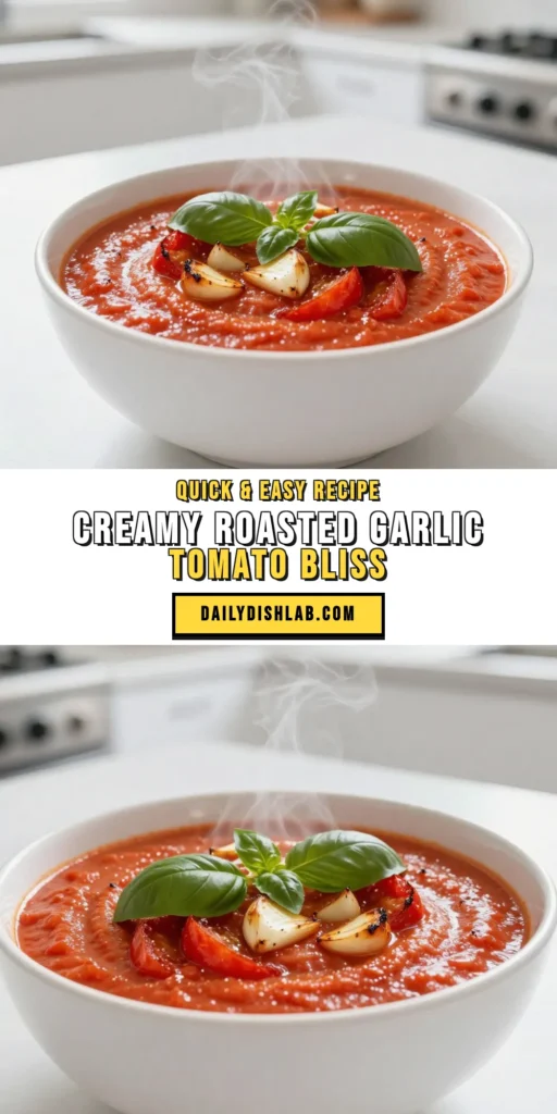 Savor the rich flavors of Roasted Garlic Tomato Bisque, a creamy tomato soup recipe that’s both comforting and easy to make. This vegan tomato bisque recipe uses simple ingredients like fresh tomatoes, basil, and roasted garlic for a delicious homemade roasted tomato soup that will impress everyone. Perfect for cozy nights, this easy bisque with basil is a must-try! Save this recipe for a warm bowl of goodness. #RoastedGarlicTomatoBisque #CreamyTomatoSoup #VeganRecipe #HomemadeSoup