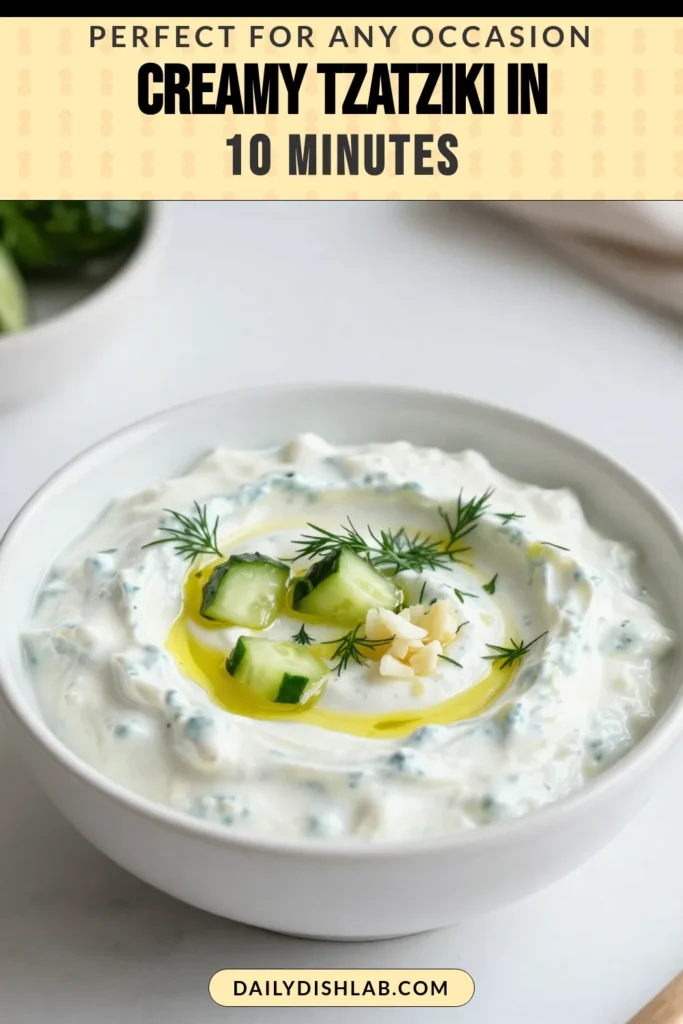 Dive into the refreshing flavors of this creamy Greek tzatziki dip that’s perfect for any occasion! Our creamy tzatziki recipe combines Greek yogurt, grated cucumber, and aromatic dill to create a delicious homemade tzatziki sauce. This healthy Greek appetizer is perfect for dipping veggies or spreading on sandwiches. Try this cucumber yogurt dip today and elevate your snack game! Save this recipe for your next gathering! #TzatzikiDip #GreekAppetizer #HealthySnacks #HomemadeSauces