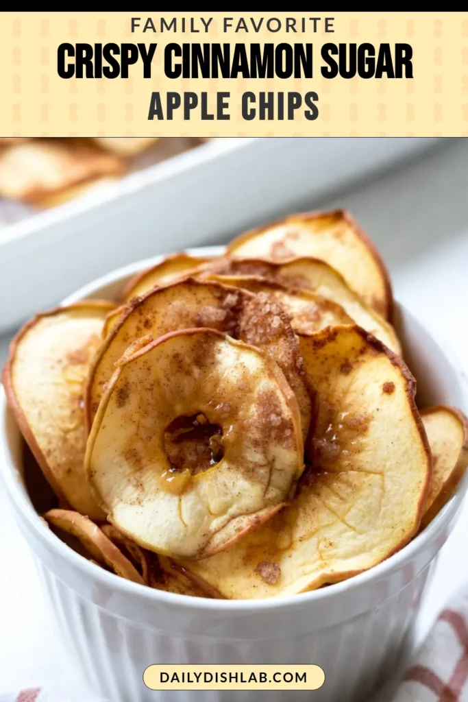 Craving a healthy snack? Try making these delicious cinnamon sugar apple chips! This baked apple chips recipe is perfect for satisfying your sweet tooth with a guilt-free twist. Homemade apple chips are easy to prepare and make great on-the-go snacks. Enjoy the crispy goodness of easy cinnamon apple chips that everyone will love. Don't forget to save this recipe for a tasty treat! #CinnamonSugarAppleChips #HealthyAppleSnacks #BakedAppleChipsRecipe #EasyCinnamonAppleChips
