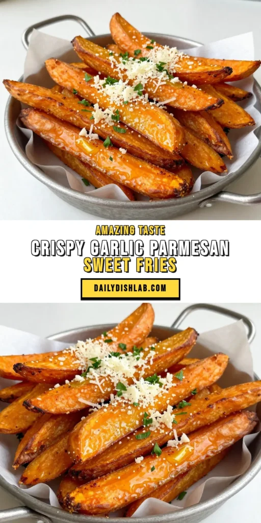 Elevate your snacking with these Garlic Parmesan Sweet Potato Fries! This crispy sweet potato fries recipe is perfect for those seeking a healthier alternative. Made with oven-baked sweet potato fries, it's a delicious and nutritious side dish that everyone will love. Easy to prepare in just 35 minutes, this homemade sweet potato fries recipe is a must-try! Don't forget to save this for your next meal! #SweetPotatoFries #HealthyRecipes #OvenBakedFries #GarlicParmesan