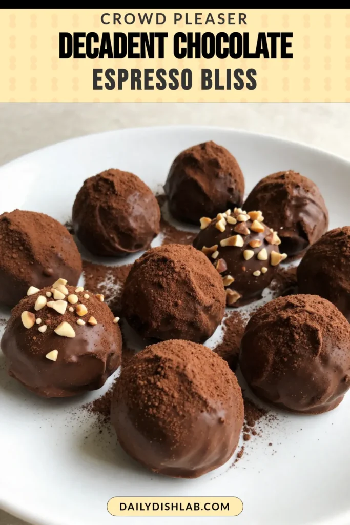 Indulge in these delightful chocolate espresso truffles that combine rich dark chocolate and bold coffee flavors. This homemade chocolate truffles recipe is easy to follow and perfect for any occasion. Treat yourself or impress guests with gourmet chocolate truffles that are as beautiful as they are delicious. Ready to satisfy your sweet tooth? Get started today with this simple coffee chocolate truffles recipe! #ChocolateEspressoTruffles #DarkChocolateTruffles #HomemadeTruffles #GourmetTreats