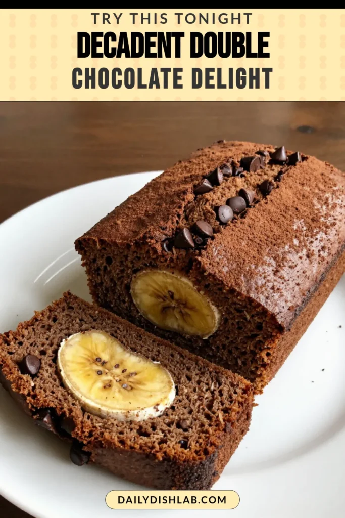 Indulge in a slice of delicious double chocolate banana bread with this easy banana bread recipe! Perfectly moist and rich, this chocolate banana bread combines ripe bananas, cocoa powder, and chocolate chips for a decadent treat. Enjoy a loaf that’s great for breakfast or dessert. Save this recipe for a delicious chocolate chip banana bread your family will love! #DoubleChocolateBananaBread #ChocolateBananaBreadRecipe #EasyBananaBread #MoistBananaBread