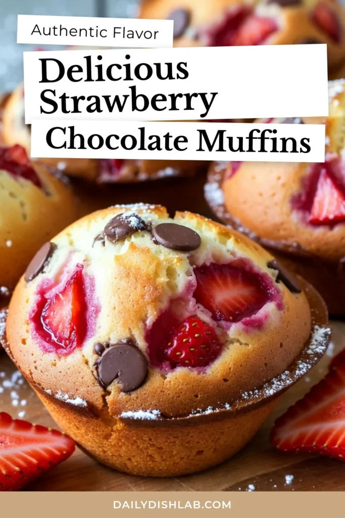 Indulge in the deliciousness of homemade strawberry chocolate chip muffins with this easy strawberry muffins recipe! These fresh strawberry muffins are perfect for breakfast or a sweet treat. Baking muffins with strawberries and chocolate chips creates a delightful flavor combination you won't want to miss. Try it now and treat yourself to fluffy, flavorful muffins. Save this recipe for your next baking adventure! #MuffinRecipe #StrawberryMuffins #BakingWithStrawberries #ChocolateChipMuffins