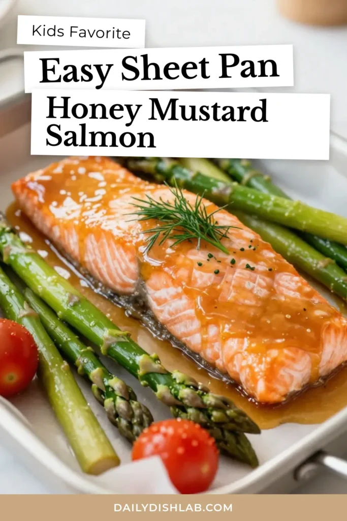 Discover the perfect honey mustard salmon recipe with this easy sheet pan salmon dinner. This healthy salmon dish combines tender salmon fillets with vibrant asparagus and cherry tomatoes, all cooked on one pan for minimal cleanup. Ready in just 30 minutes, it's the ultimate choice for busy weeknights! Don't miss out on this delicious and nutritious meal. Save this easy salmon recipe for your next dinner! #HoneyMustardSalmon #SheetPanDinner #HealthyRecipes #EasyCooking