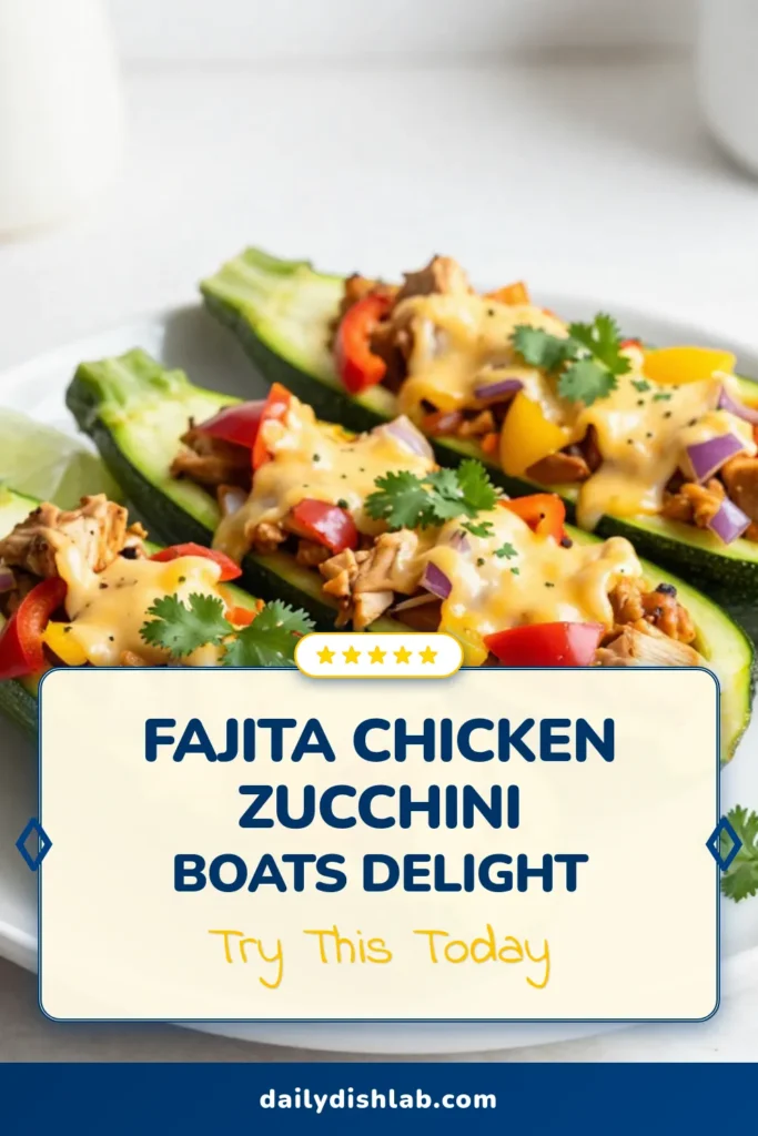 Discover the deliciously healthy Chicken Fajita Zucchini Boats! This low-carb zucchini boat recipe features tender chicken, colorful bell peppers, and a cheesy topping for a fun twist on classic fajitas. Perfect for meal prep or family dinner, these stuffed zucchini recipes are both satisfying and nutritious. Try making these cheesy chicken fajitas tonight and enjoy a tasty, guilt-free meal! Save this recipe now! #StuffedZucchini #HealthyRecipes #LowCarbMeals #ChickenFajitas