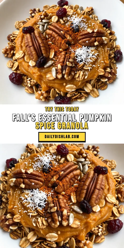 Looking for a delicious way to celebrate fall? Try this homemade pumpkin spice granola! This easy breakfast granola recipe combines rolled oats, pumpkin puree, and nuts for a healthy and flavorful start to your day. Perfect for those crisp autumn mornings, this fall granola recipe is not only tasty but also filling and nutritious. Save this recipe for your next cozy breakfast! #PumpkinSpiceGranola #FallRecipes #HealthyBreakfast #GranolaRecipe