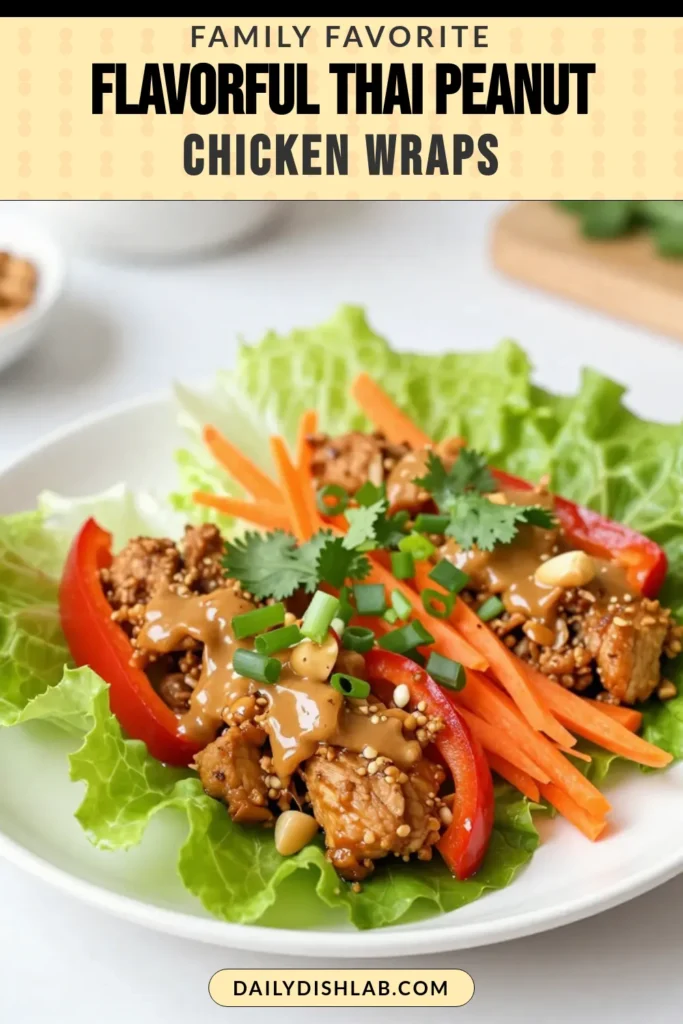 Discover the deliciousness of Thai Peanut Chicken Wraps with this easy recipe! These healthy chicken lettuce wraps are perfect for a light meal or appetizer. Bursting with flavors from peanut sauce, garlic, and fresh veggies, they're a great addition to your collection of lettuce wrap recipes. Save this easy Thai recipe for your next gathering and enjoy a fresh, flavorful bite! Pin now for delightful peanut sauce chicken lettuce wraps. #ThaiRecipes #HealthyEating #LettuceWraps #ChickenRecipes