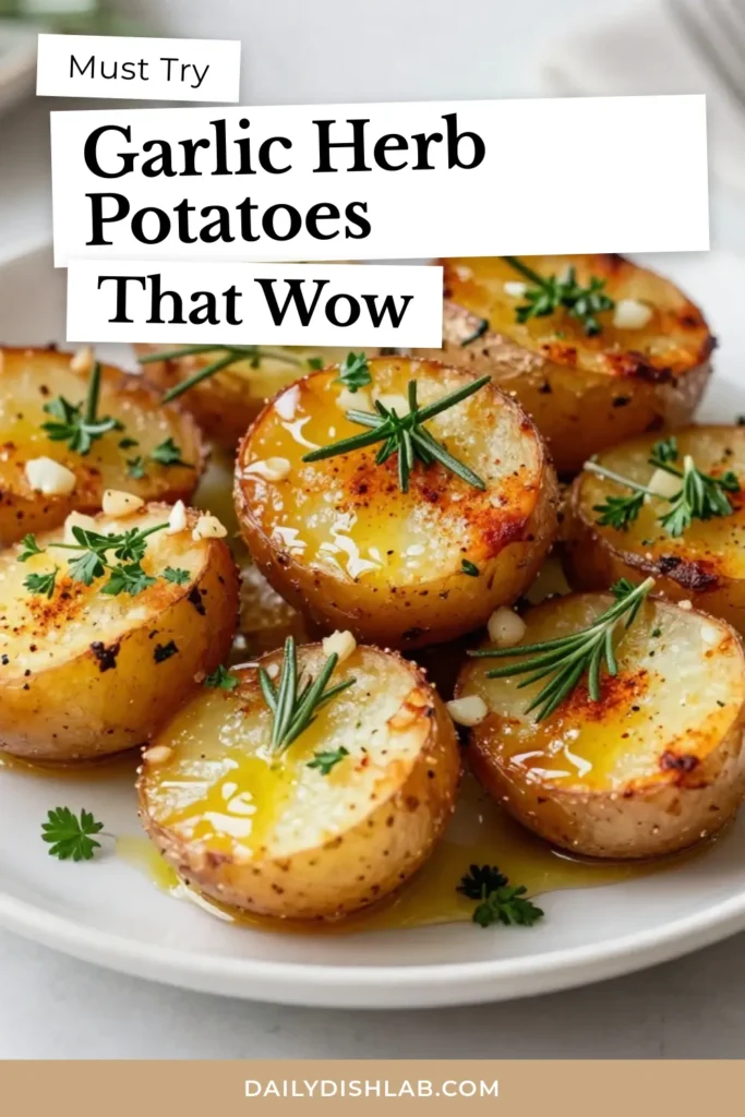 Discover the perfect easy potato side dish with these Garlic Herb Roasted Red Potatoes. This roasted red potatoes recipe features tender red potatoes coated in aromatic garlic, fresh herbs, and olive oil. Ready in just 45 minutes, these oven roasted garlic potatoes are ideal for any meal. Don’t miss out on this delicious garlic red potato recipe! Save the pin and try it today! #GarlicHerbPotatoes #EasySideDish #OvenRoastedPotatoes #PotatoRecipes