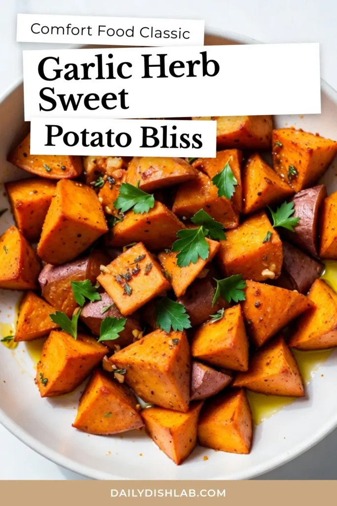 Discover the deliciousness of garlic herb roasted sweet potatoes with this easy roasted sweet potato recipe! Perfect as an easy sweet potato side or a healthy sweet potato dish, these oven roasted sweet potatoes are seasoned to perfection. Ideal for any meal, they are sure to impress your family and friends. Try this simple recipe today and elevate your dining experience! Save this for later! #SweetPotatoRecipes #HealthyEating #RoastedVegetables #YummySides