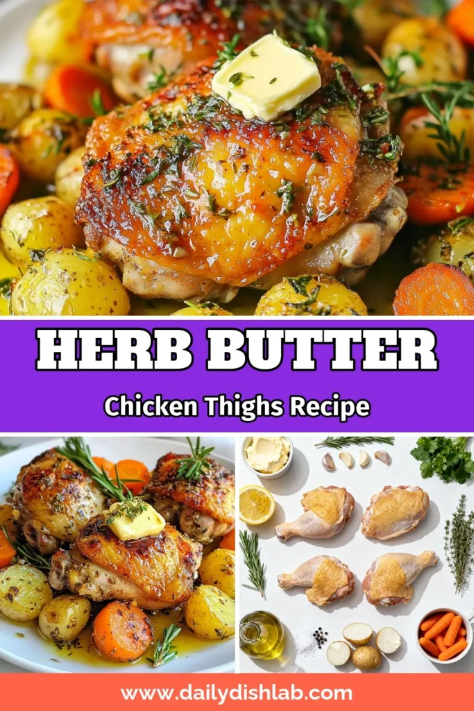 Discover the ultimate roasted chicken thighs recipe with these Herb Butter Chicken Thighs! This easy chicken dinner is bursting with flavor thanks to garlic herb chicken infused under the skin. Simply combine tender chicken thighs with baby carrots and potatoes for a delightful meal everyone will love. Recipe-ready in just 55 minutes, it’s a must-try! Save this delicious oven roasted chicken thighs recipe for your next family feast! #HerbButterChickenThighs #RoastedChickenThighsRecipe #GarlicHerbChicken #EasyChickenDinner