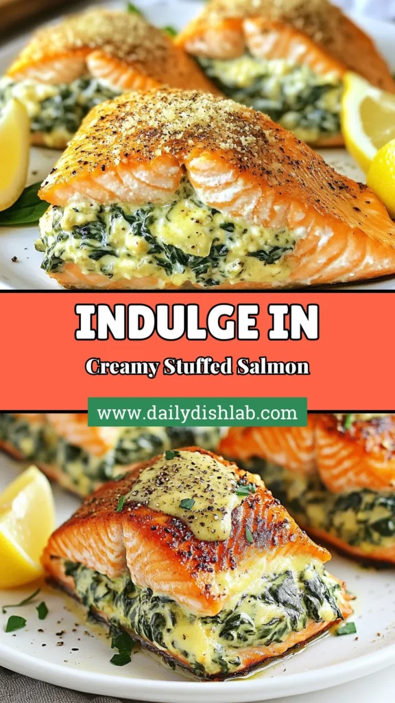 Indulge in this delicious Creamy Garlic Spinach Stuffed Salmon recipe for a healthy salmon dinner that's both satisfying and easy to make. This baked salmon with spinach features a creamy salmon filling that elevates your meal with rich flavors and nutrients. Impress your family or guests and make this wholesome dish tonight! Save this recipe for your next dinner inspiration! #StuffedSalmonRecipe #HealthyDinner #BakedSalmon #SalmonRecipes