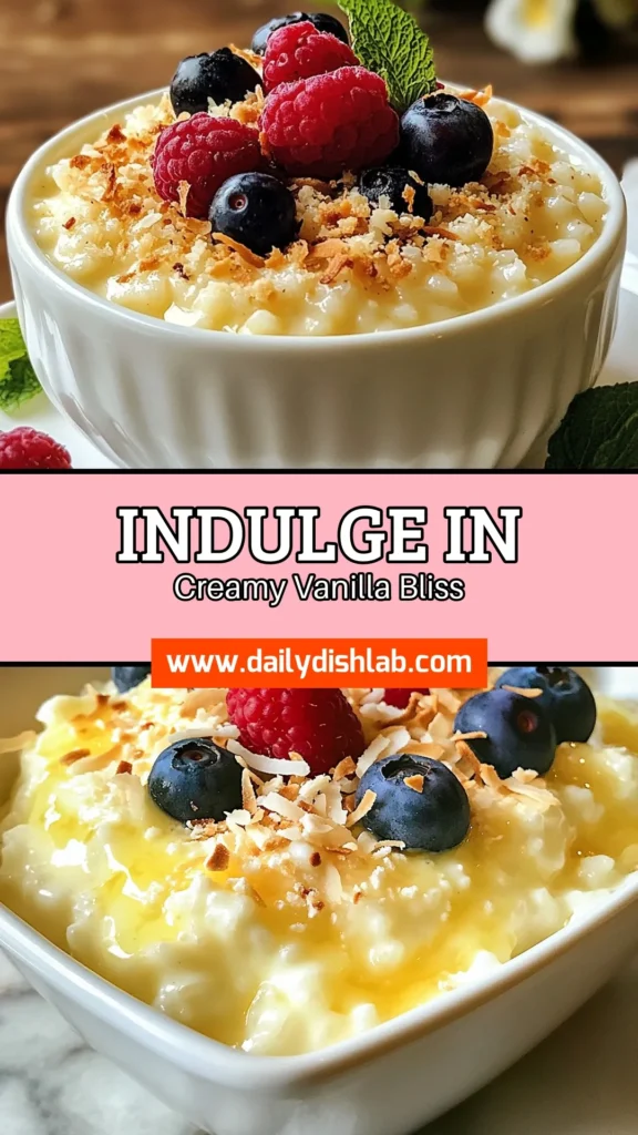 Indulge in this creamy vanilla rice pudding that's sure to delight! This easy vanilla pudding recipe features Arborio rice for a rich texture and is made with coconut milk for a luscious twist. Perfect as a comforting dessert, this vanilla bean rice pudding can be enjoyed warm or chilled. Don't miss out—save this creamy rice pudding recipe for your next meal! #VanillaRicePudding #ArborioRiceDessert #CoconutMilkPudding #EasyVanillaPudding