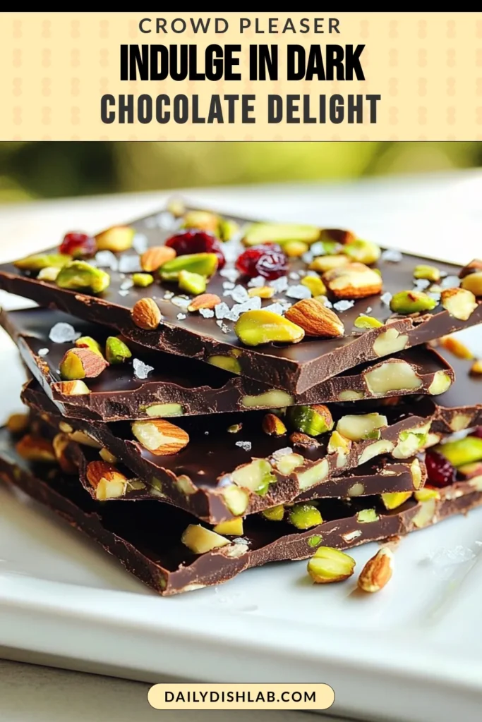Indulge in this easy chocolate treat with our delicious Dark Chocolate Sea Salt Bark recipe. This dark chocolate bark combines rich chocolate, mixed nuts, and a hint of sea salt for a perfect homemade chocolate candy that everyone will love. It's a delightful chocolate nut bark that's both simple to make and satisfying. Perfect for gifts or a personal snack! Save this recipe for your next chocolate craving! #DarkChocolateBark #SeaSaltChocolate #EasyChocolateTreat #HomemadeCandy