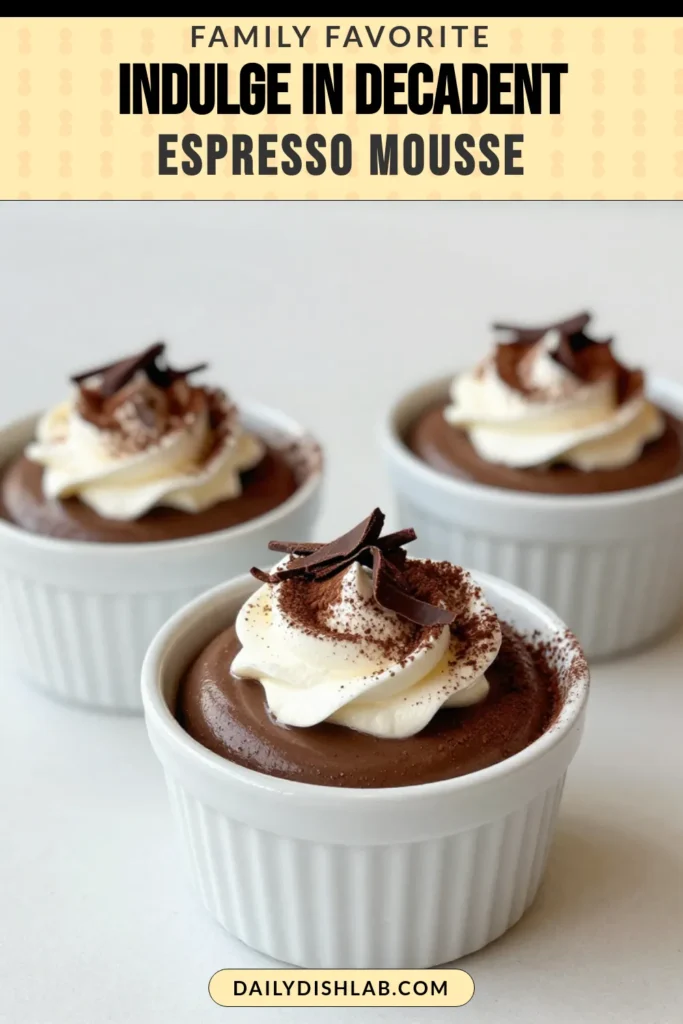 Indulge in this delectable Chocolate Espresso Mousse, the perfect dark chocolate dessert for coffee lovers! This easy chocolate mousse recipe combines rich dark chocolate with espresso for a creamy chocolate mousse that’s simply irresistible. With just a few simple steps, you’ll create a luxurious treat that impresses. Ready to delight your taste buds? Save this espresso recipe for your next dessert! #ChocolateEspressoMousse #DarkChocolateDessert #EasyChocolateMousseRecipe #CreamyDessert
