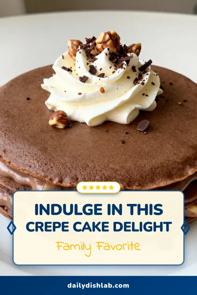 Indulge in the delightful layers of this Chocolate Hazelnut Crepe Cake, the perfect easy dessert idea for any occasion! This homemade crepe recipe features hazelnut spread for a rich Nutella cake experience. With simple steps to create a stunning layered cake with hazelnuts, it's sure to impress guests. Try it today and treat yourself! Save this recipe for your next dessert adventure! #ChocolateHazelnutCrepeCake #NutellaCakeRecipe #EasyDessertIdeas #LayeredCakeWithHazelnuts