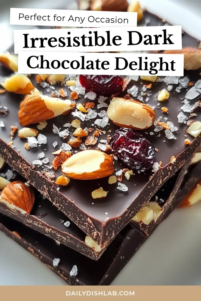 Craving a sweet yet salty treat? Try this easy dark chocolate bark recipe! Combining rich dark chocolate with crunchy nuts and a sprinkle of sea salt, this sea salt chocolate bark is the perfect homemade chocolate snack. Perfect for satisfying your sweet tooth or sharing with friends, this chocolate nut bark is a delicious easy chocolate dessert. Save this recipe for a delightful treat! #DarkChocolateBark #SeaSaltChocolateBark #HomemadeChocolateSnacks #EasyChocolateDessert