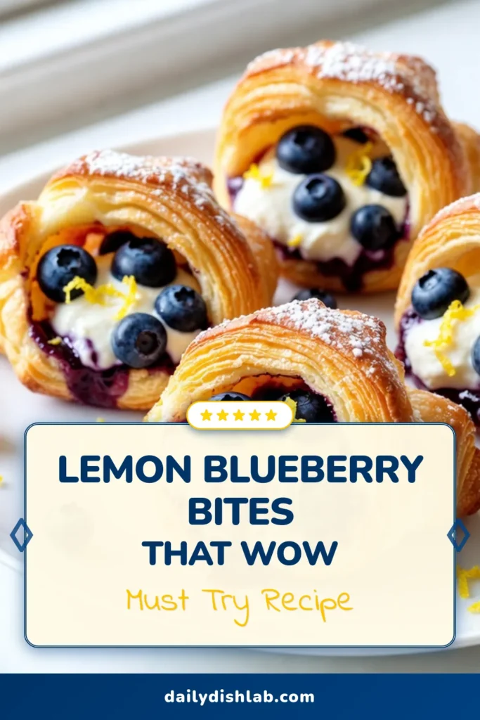 Indulge in these delicious Lemon Blueberry Cheesecake Bites that combine the tartness of lemon and the sweetness of fresh blueberries, all wrapped in flaky crescent roll dough. These easy cheesecake recipes are perfect for a quick dessert and make delightful fresh blueberry treats. Try making cream cheese crescent rolls for your next gathering! Save this recipe and impress your guests! #CrescentRollDesserts #CheesecakeBites #EasyDesserts #BlueberryTreats