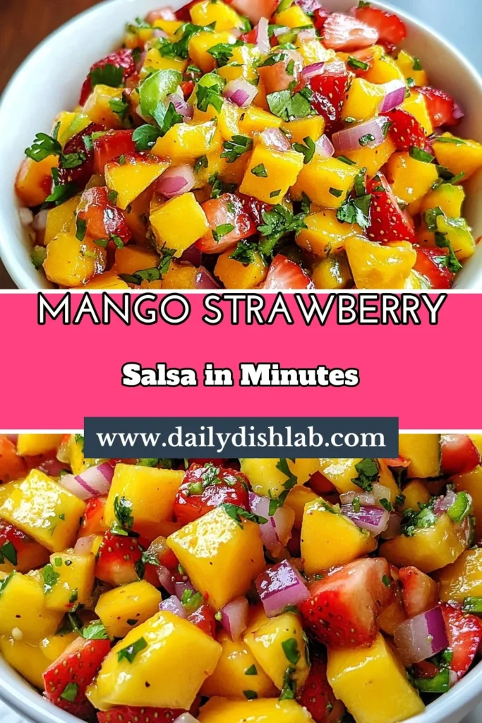 Elevate your snacking with this refreshing Tropical Mango Strawberry Salsa! This easy salsa recipe blends sweet mango and strawberries with a kick of jalapeño for a unique fresh fruit salsa. Serve it as a delicious mango strawberry dip with chips or on tacos. Perfect for any summer gathering! Try this Strawberry salsa recipe today and enjoy a burst of flavor. Save for later! #MangoSalsa #FruitSalsa #EasySalsa #FreshSalsa