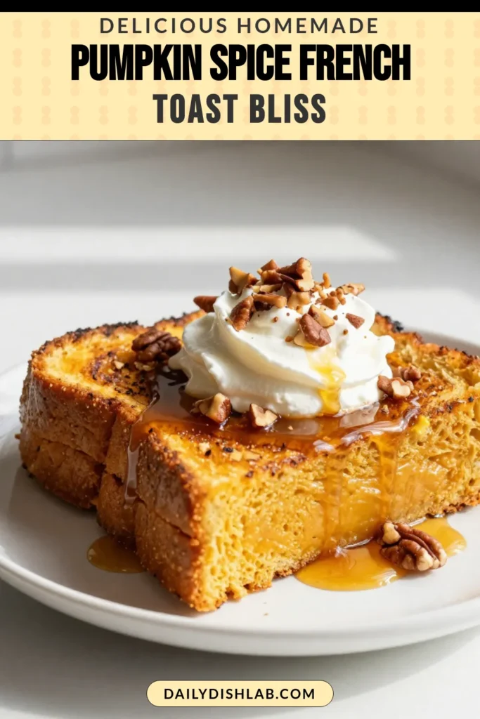 Indulge in the cozy flavors of fall with this delightful Pumpkin Spice French Toast recipe! Perfect for a cozy breakfast or a special brunch, this easy pumpkin toast is made with thick bread, creamy pumpkin puree, and warm spices. Ready in just 20 minutes, it's a must-try in your fall breakfast recipes rotation. Don't forget to drizzle with maple syrup and top with whipped cream! Save this for your next Pumpkin spice brunch ideas! #PumpkinSpiceFrenchToast #FallBreakfastRecipes #EasyPumpkinToast #PumpkinFrenchToastRecipe