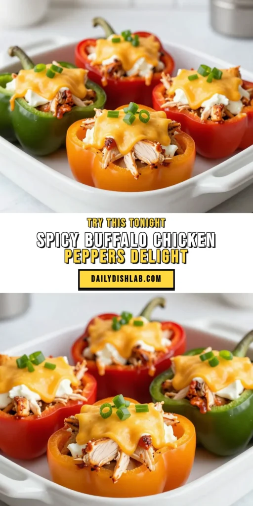 Try this delicious Buffalo Chicken Stuffed Peppers recipe for a mouthwatering meal! These healthy stuffed peppers are loaded with spicy chicken and creamy buffalo flavors, making them a perfect addition to your dinner table. Each bell pepper is stuffed with tender shredded chicken, cream cheese, and topped with melted cheddar for a creamy buffalo chicken dish. Perfect for meal prep or a satisfying weeknight dinner. Save this spicy chicken pepper recipe for later! #BuffaloChickenStuffedPeppers #HealthyStuffedPeppers #StuffedBellPeppersRecipe #SpicyChickenPepperRecipe