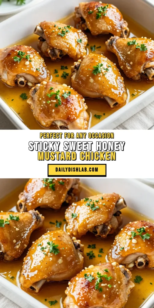 Savor the deliciousness of honey mustard chicken thighs with this easy baked chicken thighs recipe! Perfect for a quick weeknight meal, these marinated chicken thighs are bursting with flavor and guaranteed to please your family. Crispy on the outside and juicy on the inside, they’re a must-try in your easy chicken dinner recipes rotation. Ready to impress? Save this recipe now! #HoneyMustardChickenThighs #BakedChickenThighsRecipe #EasyChickenDinnerRecipes #CrispyChickenThighsRecipe