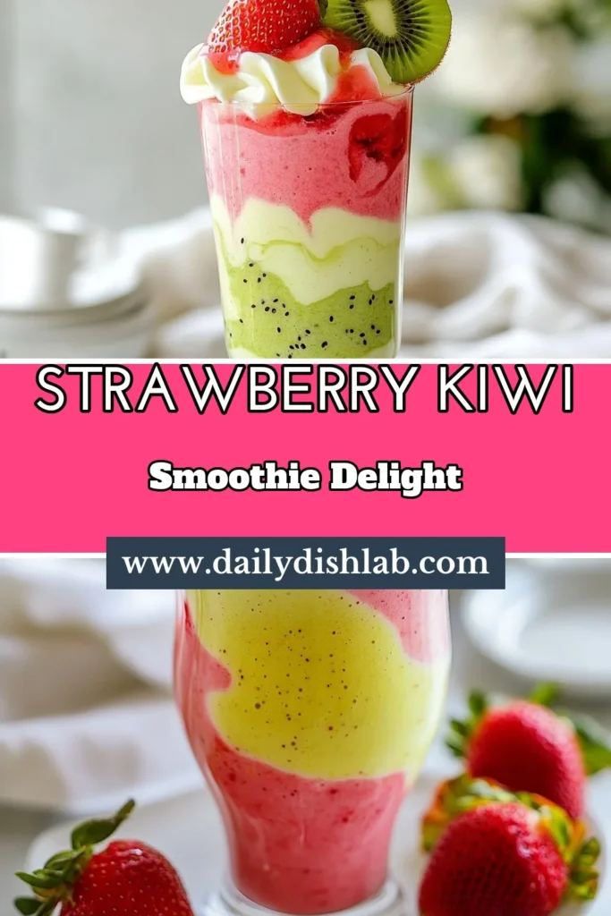 Indulge in a refreshing Strawberry Kiwi Smoothie that's not only delicious but also packed with nutrients! This healthy smoothie recipe blends fresh strawberries, kiwis, and banana with creamy Greek yogurt for a tropical fruit smoothie experience you won't forget. Enhance your drink with chia seeds for an extra health boost. Perfect for breakfast or a snack! Save this recipe for a vibrant, nutritious treat! #StrawberryKiwiSmoothie #HealthySmoothieRecipe #TropicalFruitSmoothie #ChiaSeedSmoothie