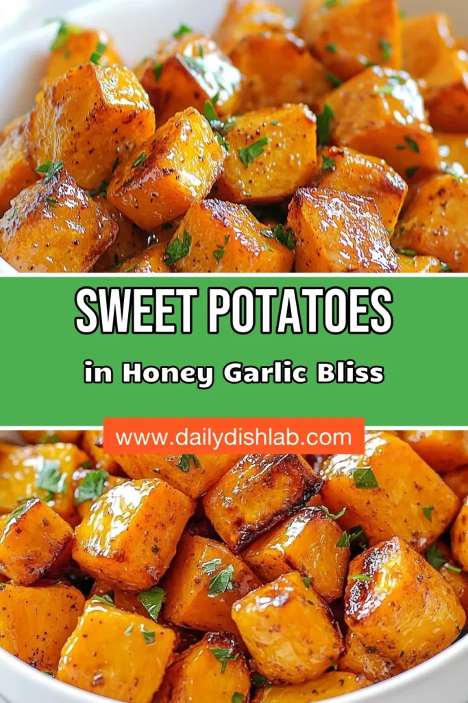 Discover the deliciously sweet and savory flavors of honey garlic sweet potatoes with this easy roasted sweet potatoes recipe. Perfect as a vegetarian sweet potato recipe for your family dinners! Coated in a luscious honey garlic glaze, these roasted sweet potatoes make an irresistible side dish. Try this recipe for a quick and tasty addition to any meal. Save it now! #HoneyGarlicSweetPotatoes #EasySweetPotatoSideDish #VegetarianRecipe #RoastedSweetPotatoes