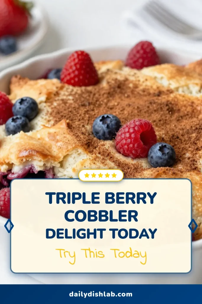 Indulge in this Berrylicious Triple Berry Cobbler! This easy berry dessert is made with fresh strawberries, blueberries, and raspberries, making it the perfect summer berry recipe. Follow our berry cobbler recipe for a delightful triple berry dessert that’s sure to impress. Serve warm with vanilla ice cream for the ultimate treat. Save this delicious recipe now and enjoy a slice of summer! #BerryCobbler #EasyDessert #SummerRecipes #FreshFruitDessert