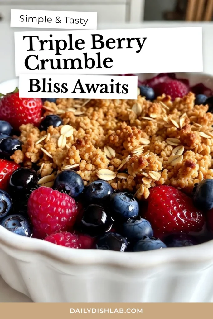 Indulge in this delightful Triple Berry Crumble, the perfect berry dessert recipe for summer! Packed with juicy strawberries, blueberries, and raspberries, this easy fruit crumble is a must-try for any fruit lover. Bake this delicious strawberry blueberry raspberry crumble to impress your guests or enjoy as a cozy treat. Don't miss out—save this recipe and bring a burst of flavor to your dessert table! #TripleBerryCrumble #BerryDessertRecipe #SummerDessert #FruitCrumble