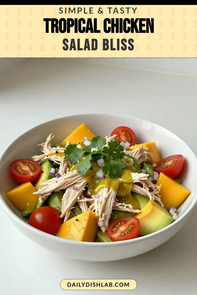 Looking for a vibrant and refreshing dish? Try this Mango Avocado Chicken Salad! This healthy chicken salad recipe is packed with flavor and perfect for any meal. It combines succulent chicken with sweet mango and creamy avocado, making it an easy salad with mango and a tropical twist. Enjoy this avocado salad with chicken that takes just 15 minutes to prepare. Pin now for a deliciously simple tropical chicken salad recipe! #MangoAvocadoChickenSalad #HealthySalad #TropicalFlavors #EasyRecipes