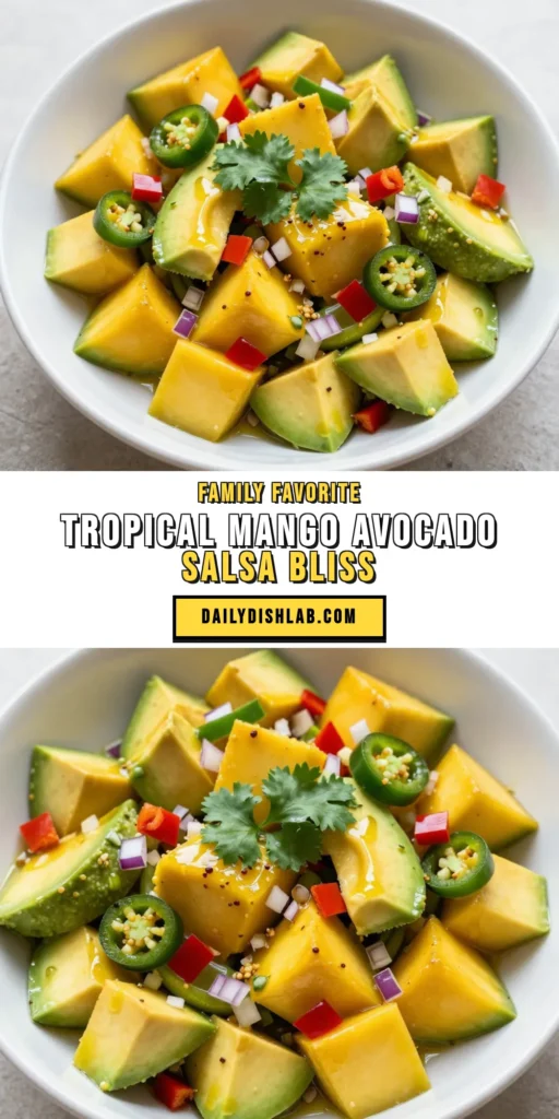 Discover this refreshing Mango Avocado Salsa recipe that's perfect for any occasion! Made with fresh ingredients like ripe mangoes and creamy avocados, this healthy salsa appetizer will elevate your next gathering. Enjoy it as a tropical salsa dip or a vibrant avocado mango salad. With just 15 minutes of prep, you’ll have a delicious treat ready to share. Click to save this must-try recipe! #MangoAvocadoSalsa #HealthyAppetizer #TropicalSalsa #FreshMangoSalsa