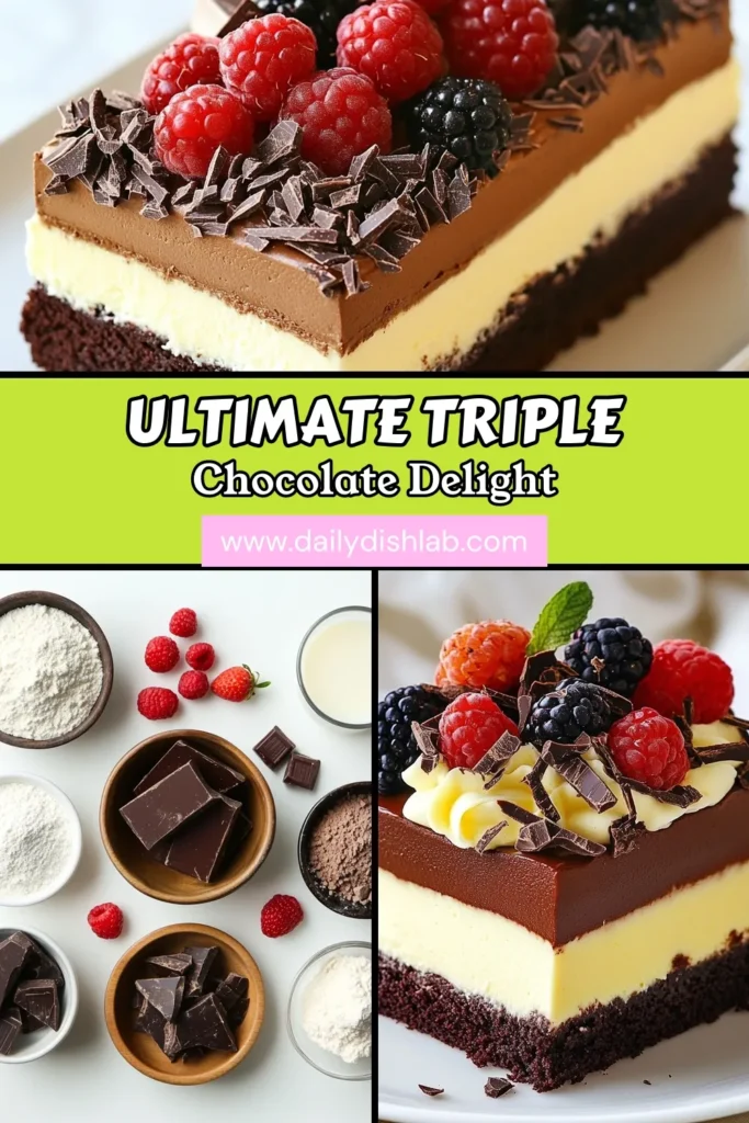 Indulge in this irresistible triple chocolate mousse cake—a layered chocolate mousse dessert that's sure to impress! This chocolate mousse cake recipe features rich dark, milk, and white chocolate mousses atop a decadent chocolate cake base. Perfect for any celebration or as the best chocolate mousse dessert to satisfy your sweet tooth. Try this delightful treat and enjoy every luscious bite! Save for later! #ChocolateMousse #DessertRecipes #CakeLovers #BakingInspiration