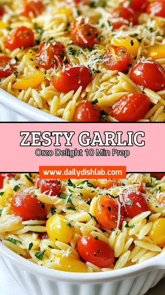 Elevate your dinner with this zesty lemon garlic orzo recipe—a quick lemon garlic pasta that’s packed with flavor and effortless to make! This easy vegetarian orzo features cherry tomatoes and parsley, creating a delightful orzo pasta dish that’s perfect for any occasion. Savor the freshness in every bite! Try it today and share your thoughts! #EasyVegetarianOrzo #LemonGarlicOrzoRecipe #QuickLemonGarlicPasta #ZestyOrzoPastaDish