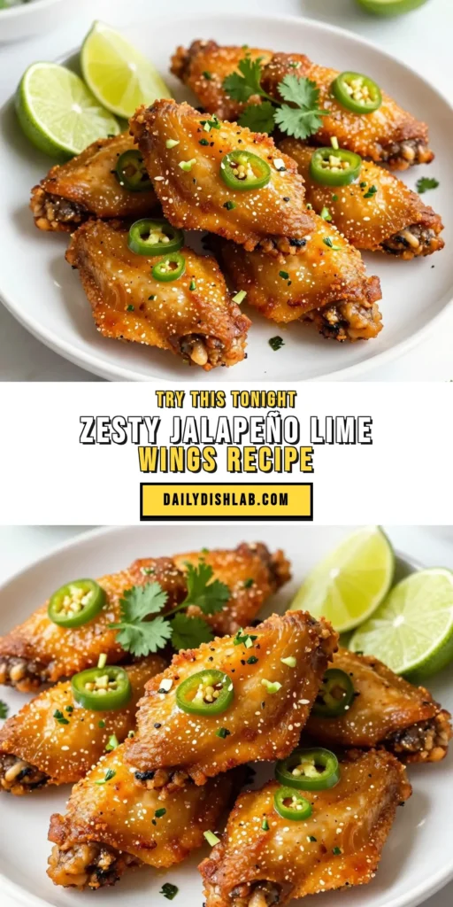 Get ready to spice up your game day with these jalapeño lime chicken wings! This spicy chicken wing recipe features marinated chicken wings infused with fresh jalapeños and zesty lime juice, baked to crispy perfection in the oven. Perfect for gatherings or a delicious weeknight treat, these cilantro lime chicken wings are sure to impress. Try them today and take your wing game to the next level! #ChickenWings #SpicyRecipes #OvenBakedWings #GameDayEats