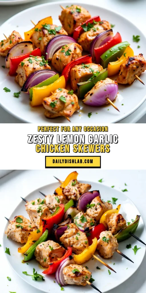 Discover the perfect summer dish with these Lemon Garlic Chicken Skewers! This easy chicken skewers recipe features juicy grilled chicken marinated in a zesty lemon chicken marinade, with fresh veggies for added flavor. Ideal for healthy chicken skewers that impress at any barbecue or family dinner. Try this delicious grilled chicken recipe today and savor every bite. Save it for later! #ChickenSkewers #GrilledChickenRecipes #HealthyEating #SummerRecipes