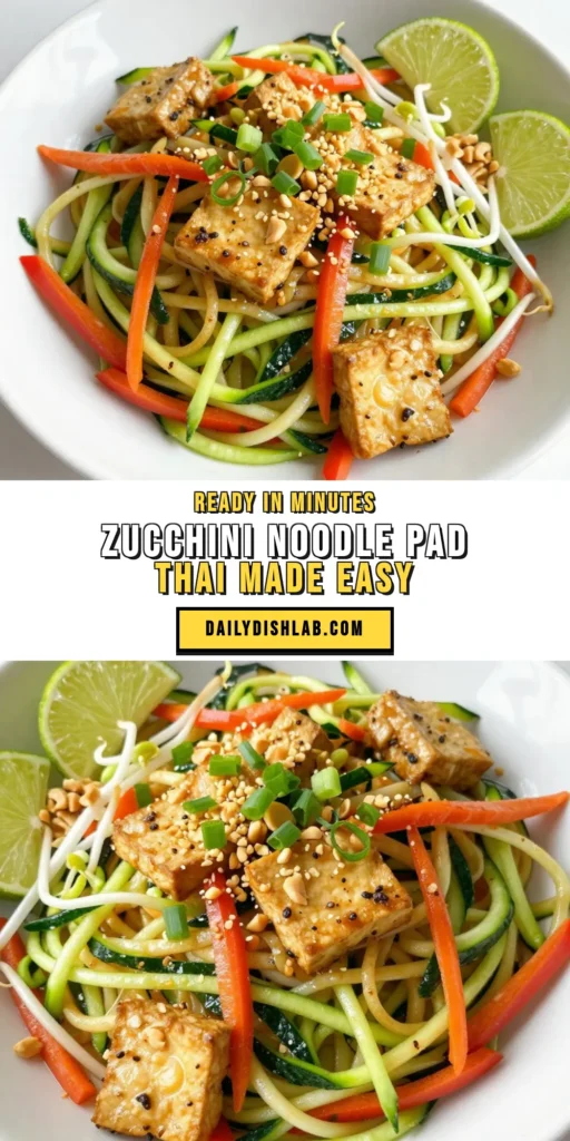 Discover the ultimate Zucchini Noodle Pad Thai, a healthy pad thai recipe that's perfect for any meal! This vegetarian pad thai features spiralized zucchini for a low-carb twist and is packed with flavors. Enjoy an easy tofu stir-fry that is not only delicious but also nutritious. Try this easy recipe today and impress your family with a delightful dish. Save this for a quick weeknight dinner! #ZucchiniNoodlePadThai #HealthyPadThaiRecipe #VegetarianPadThai #SpiralizedZucchiniRecipes