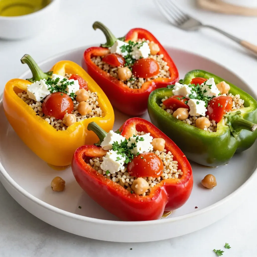 To make Mediterranean quinoa stuffed peppers, gather these ingredients: - 4 large bell peppers (red, yellow, or green) - 1 cup quinoa, rinsed - 2 cups vegetable broth - 1 cup cherry tomatoes, halved - 1 cup cooked chickpeas (canned or freshly cooked) - 1/2 cup Kalamata olives, pitted and chopped - 1/2 cup feta cheese, crumbled - 1/4 cup fresh parsley, chopped - 1 teaspoon dried oregano - 1 teaspoon garlic powder - Salt and pepper to taste - 2 tablespoons olive oil - Optional: 1/4 teaspoon red pepper flakes for heat You can easily adjust this recipe to fit your taste. Here are some options: - Add more veggies like zucchini or spinach for extra color and nutrition. - Use different kinds of cheese, such as goat cheese or mozzarella. - Swap in quinoa for rice or couscous if preferred. - Spice it up with jalapeños or chili powder for a kick. If you need to make substitutions, here are some ideas: - Use vegetable stock instead of broth for flavor. - Chickpeas can be replaced with black beans or lentils. - For a dairy-free option, use nutritional yeast instead of feta. - If you don’t have olives, try capers for a similar briny taste. These ingredients make your dish vibrant and packed with flavor. Enjoy crafting this delicious meal! {{ingredient_image_1}} Start by preheating your oven to 375°F (190°C). This step is key for even cooking. Next, take your large bell peppers. Cut off the tops and scoop out the seeds and membranes. You want them hollow. Lightly drizzle olive oil on the outside of each pepper. This helps them cook nicely. Place the peppers upright in a baking dish. They need a cozy spot to bake! In a medium saucepan, combine 1 cup of rinsed quinoa with 2 cups of vegetable broth. This broth adds great flavor. Bring the mixture to a boil, then reduce the heat. Cover the pot and let it simmer for about 15 minutes. Check that the quinoa is fluffy and the liquid is all absorbed. If it’s not cooked, let it simmer a few more minutes. In a large mixing bowl, add the cooked quinoa. Toss in 1 cup of halved cherry tomatoes, 1 cup of cooked chickpeas, and 1/2 cup of chopped Kalamata olives. Then, add 1/2 cup of crumbled feta cheese and 1/4 cup of chopped fresh parsley. Don't forget to sprinkle in 1 teaspoon of dried oregano and 1 teaspoon of garlic powder. If you want some heat, add 1/4 teaspoon of red pepper flakes. Mix everything well and season with salt and pepper to taste. Spoon the delicious quinoa mixture into each bell pepper. Fill them generously, letting all those flavors come together. Drizzle a little olive oil on top of the stuffed peppers for extra crispiness. Cover the baking dish with aluminum foil to keep the moisture in. Bake in your preheated oven for 25 minutes. After that, remove the foil and bake for another 10-15 minutes. You want the peppers to be tender and the tops slightly golden. Let them cool for a moment before serving. Enjoy your flavorful delight! To achieve perfectly cooked quinoa, rinse it first. This removes bitterness. Use a 1:2 ratio of quinoa to vegetable broth. Bring the broth to a boil, then lower the heat. Cover the pot and simmer for about 15 minutes. When the liquid is gone, fluff it with a fork. This makes the quinoa light and airy. When stuffing peppers, choose large, firm ones. Red, yellow, or green peppers work well. Cut off the tops and remove the seeds. Drizzle a bit of olive oil on the outside for flavor. Fill each pepper generously with the quinoa mixture. Press down lightly to pack it in. This helps the flavors meld well. Cooking times vary based on pepper size. For large peppers, bake for 25 minutes covered. Then, remove the foil and add another 10-15 minutes. For smaller peppers, reduce the time by about 5-10 minutes. Check for tenderness by piercing with a fork. The goal is a soft pepper with a golden top. Pro Tips Choose Colorful Peppers: Using a mix of red, yellow, and green bell peppers not only enhances the dish's visual appeal but also adds a variety of flavors. Rinse Quinoa Thoroughly: Rinsing quinoa before cooking removes its natural coating, called saponin, which can give a bitter taste. This step ensures a pleasant flavor in your stuffed peppers. Customize Fillings: Feel free to add or substitute ingredients in the filling. Spinach, zucchini, or different cheeses can provide unique flavors and textures to the dish. Let Them Rest: Allowing the stuffed peppers to rest for a few minutes after baking helps the flavors meld together and makes them easier to serve. {{image_2}} You can easily boost the protein in your stuffed peppers. Adding cooked chicken or tofu gives a nice touch. Simply shred cooked chicken or cube tofu and mix it into the quinoa filling. This makes the dish heartier and more filling. You can also try ground turkey or beef for a meatier flavor. This recipe is already vegetarian, but you can easily make it vegan. Just skip the feta cheese or use a plant-based alternative. You can also use nut cheese for a creamy texture. The chickpeas add protein, so you still get a great meal. Feel free to add more veggies like spinach or zucchini for extra nutrients. You can change the flavor of your stuffed peppers based on your mood. To make them spicy, add jalapeños or red pepper flakes into the mix. For a Mediterranean twist, try using sun-dried tomatoes, capers, or a splash of lemon juice. These options can brighten the dish and give it a fresh taste. To store your leftover Mediterranean quinoa stuffed peppers, let them cool first. Place them in an airtight container. You can keep them in the fridge for up to four days. Always label your container with the date. This helps you know when to eat them again. If you want to freeze the stuffed peppers, it’s simple. Wrap each pepper in plastic wrap. Then, place them in a freezer-safe bag or container. They will stay good for up to three months. Remember to label the bags with the date. This way, you won’t forget their yummy contents! When you’re ready to enjoy your stuffed peppers, reheat them easily. For the oven, preheat it to 350°F (175°C). Place the peppers in a baking dish and cover them with foil. Bake for about 20 minutes or until warm. You can also use the microwave. Just place a pepper on a plate, cover it, and heat for 2-3 minutes. Check that it's hot inside before diving in! Yes, you can prepare Mediterranean quinoa stuffed peppers ahead of time. You can stuff the peppers with the quinoa mix, and then cover them and store them in the fridge. This keeps them fresh for up to a day. When you are ready to eat, bake them right from the fridge. You might need to add a few extra minutes to the baking time. Stuffed peppers are great on their own but pair well with other dishes. Here are some ideas: - A simple green salad with lemon dressing - Garlic bread for a crunchy side - A bowl of creamy yogurt or tzatziki for dipping - Couscous or rice to complete the meal These sides add flavor and balance to the meal. You will know the peppers are done when they are soft and tender. After baking for 25 minutes covered, remove the foil. Bake for an extra 10-15 minutes. The tops should be slightly golden. You can poke the peppers gently with a fork. If they give a little and feel soft, they are ready to serve! You now have all you need to make tasty quinoa stuffed peppers. We covered key ingredients, step-by-step instructions, and tips for success. You can customize with protein or different flavors. Don't worry about leftovers; I'll show you how to store and reheat them right. With these techniques, you can create a meal everyone will love. Enjoy your cooking, and let your creativity shine!