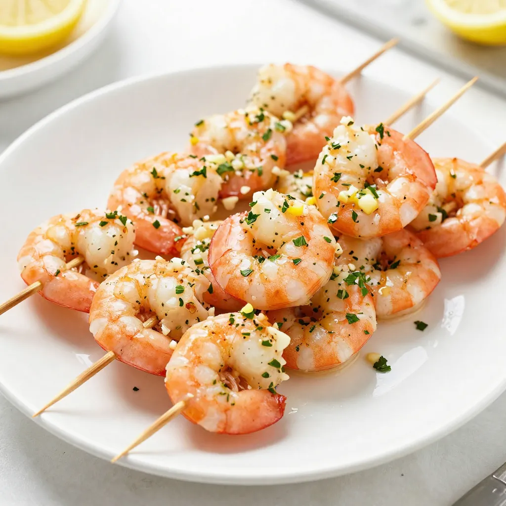 To make Garlic Herb Butter Shrimp Skewers, gather these simple ingredients: - 1 lb large shrimp, peeled and deveined - 1/4 cup unsalted butter, melted - 4 cloves garlic, minced - 2 tablespoons fresh parsley, chopped - 1 tablespoon fresh thyme, chopped - 1 teaspoon lemon zest - 1 tablespoon lemon juice - Salt and pepper to taste - Wooden or metal skewers These ingredients are key to creating a tasty dish. The shrimp are the star, so use large, fresh ones for the best flavor. The garlic and herbs add a fresh kick, while the melted butter gives richness. Lemon zest and juice brighten the dish, balancing out the flavors perfectly. Make sure to have your skewers ready! If you use wooden ones, soak them in water for about 15 minutes. This step helps prevent burning while cooking. Once you have everything, you will be ready to create a flavorful delight. Enjoy the process as you prepare this charming dish! {{ingredient_image_1}} Start by making the garlic herb butter. In a bowl, combine the melted butter, minced garlic, chopped parsley, chopped thyme, lemon zest, lemon juice, salt, and pepper. Mix well to blend all the flavors together. This step is key for a rich taste. Next, add the peeled and deveined shrimp to this flavorful mix. Toss the shrimp until they are well coated. This ensures every bite is packed with flavor. Cover the bowl and let the shrimp marinate in the fridge for at least 30 minutes. This time allows the flavors to soak into the shrimp. Once the shrimp has marinated, it's time to skewer them. If you use wooden skewers, soak them in water for about 15 minutes. This step stops them from burning on the grill. Take each shrimp and thread it onto the skewer. Leave a little space between each shrimp for even cooking. You can fit about five to six shrimp on each skewer, depending on their size. Make sure they are snug but not too tight. This helps them cook evenly. Now, preheat your grill to a medium-high heat. This is important for getting that nice char on the shrimp. Once the grill is hot, place the skewers on it. Cook the shrimp for about 2-3 minutes on each side. You’ll know they are done when they turn pink and opaque. Be careful not to overcook them, as they can become rubbery. After grilling, remove the skewers and brush them with any leftover garlic herb butter for extra flavor. Enjoy your tasty Garlic Herb Butter Shrimp Skewers! When making garlic herb butter shrimp skewers, you want fresh shrimp. Look for large shrimp, about 16-20 per pound. These are perfect for grilling. Fresh shrimp should smell like the ocean, not fishy. If you choose frozen shrimp, make sure to thaw them properly. Place them in the fridge overnight. This keeps them safe and tasty. Balancing flavors in your garlic herb butter is key. You want a rich taste from the butter and a fresh kick from the herbs. Use fresh parsley and thyme for the best flavor. If you want to switch things up, try olive oil instead of butter. It gives a lighter taste but still works well with garlic and herbs. To avoid overcooked shrimp, watch the grill closely. Cook the shrimp for just 2-3 minutes on each side. They turn pink and opaque when done. To achieve the perfect char, don’t overcrowd the skewers. Leave space between each shrimp. This way, heat circulates well, and you get those nice grill marks. Enjoy your cooking! Pro Tips Use Fresh Ingredients: Fresh shrimp and herbs enhance the flavor significantly. Always opt for the freshest ingredients you can find for the best results. Don’t Overcook the Shrimp: Shrimp cook quickly; aim for 2-3 minutes per side. Overcooking will make them tough and rubbery. Experiment with Seasonings: Feel free to add your favorite spices or herbs to the garlic herb butter for a unique twist. Options like smoked paprika or red pepper flakes work well. Perfect Skewering: When skewering shrimp, leave a little space between each to ensure even cooking and easy flipping on the grill. {{image_2}} You can swap shrimp for other proteins like chicken or fish. Chicken thighs work well and add a rich taste. Fish like salmon or swordfish also pair nicely with garlic herb butter. Cooking times for other proteins: - Chicken: Cook for 5-7 minutes per side, until it reaches 165°F. - Salmon: Cook for 4-6 minutes per side, until it flakes easily. - Swordfish: Cook for 4-5 minutes per side, until it is opaque. Want to spice things up? Adding chili flakes gives your skewers a nice kick. Just sprinkle in some flakes when you mix the garlic herb butter. Alternative herbs to use: - Basil: Adds a sweet and fragrant note. - Oregano: Brings a warm, earthy flavor. - Cilantro: Offers a fresh and zesty twist. You can bake the shrimp skewers for a simple method. Preheat your oven to 400°F. Arrange the skewers on a baking sheet and bake for 10-12 minutes. Stovetop and oven methods: - Stovetop: Use a grill pan over medium heat. Cook for 2-3 minutes per side. - Oven: Broil the skewers for 5-7 minutes for a nice char. To store leftovers, first let the skewers cool down. Place the skewers in an airtight container. You can also wrap them in plastic wrap. Store them in the fridge for up to three days. This keeps the shrimp fresh and tasty. For freezing, wrap the cooked skewers in aluminum foil. Place them in a freezer-safe bag or container. They can last up to three months in the freezer. When you're ready to eat, thaw them in the fridge overnight. This helps keep the shrimp tender. To reheat the skewers, avoid the microwave if you can. Instead, use an oven or grill. Preheat the oven to 350°F (175°C). Place the skewers on a baking sheet. Heat for about 10 minutes, or until warm. This method keeps the shrimp juicy and flavorful. Yes, you can use frozen shrimp. First, thaw them safely. Place the shrimp in a bowl of cold water for about 15-20 minutes. Change the water if it becomes warm. You can also thaw shrimp overnight in the fridge. This keeps them fresh. Avoid leaving shrimp at room temperature to thaw, as it can lead to bacteria growth. Look for a few signs. First, the shrimp should turn pink. Second, they should look opaque. Lastly, they should curl into a C shape. If the shrimp are still gray or limp, they need more cooking time. Cooking shrimp takes about 2-3 minutes per side on a hot grill. Do not overcook, or they will become tough. Yes, you can prepare these skewers in advance. Marinate the shrimp for up to 2 hours. Keep them in the fridge until you're ready to grill. If you want to prep even earlier, you can thread the shrimp onto the skewers and store them. Just remember to keep the skewers covered in the fridge. This helps the flavors meld for a tastier dish. You now have a simple guide to make tasty garlic herb shrimp skewers. We covered ingredients, grilling tips, and storage methods. Remember, fresh shrimp and the right balance of flavors make a big difference. Don't be afraid to try new spices or cooking methods. This recipe is flexible and fun. Enjoy your cooking journey, and share these tasty skewers with friends or family. Happy grilling!