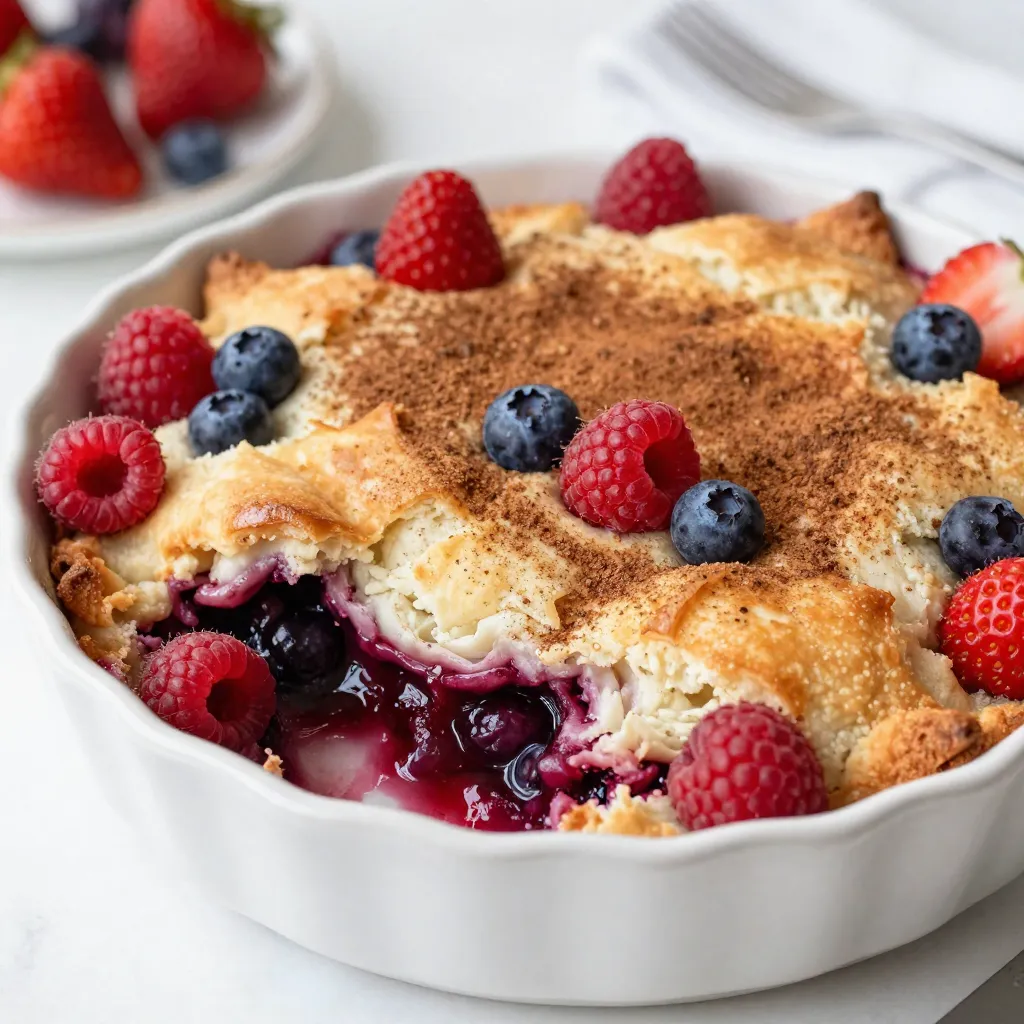 - 1 cup strawberries, hulled and quartered - 1 cup blueberries - 1 cup raspberries - 1 cup granulated sugar, divided - 2 tablespoons cornstarch - 1 tablespoon lemon juice - 1 teaspoon vanilla extract - 1 cup all-purpose flour - 1½ teaspoons baking powder - ½ teaspoon salt - ½ cup unsalted butter, melted - ½ cup milk - 1 teaspoon cinnamon (for sprinkling) When making a triple berry cobbler, fresh berries are a must. Strawberries add sweetness, blueberries bring a mild flavor, and raspberries offer a tart kick. You can mix these berries together, and they create a colorful and vibrant dessert. You will also need sugar, cornstarch, and lemon juice for the berry mixture. These ingredients help to sweeten the berries and thicken the juices. Vanilla extract adds a warm flavor that pairs well with the fruit. For the cobbler batter, you will use flour, baking powder, salt, melted butter, and milk. These form a thick batter that sits on top of the berries. Finally, sprinkle cinnamon on top for a hint of spice. With these ingredients ready, you can create a delightful dessert that shines with berry goodness. {{ingredient_image_1}} To start, you need to combine the berries. Take 1 cup each of strawberries, blueberries, and raspberries. Put them in a mixing bowl. Next, add ½ cup of granulated sugar, 2 tablespoons of cornstarch, 1 tablespoon of lemon juice, and 1 teaspoon of vanilla extract. Toss everything gently until the berries are coated. Let this mix marinate for 15 minutes. This step helps the berries release their juices and enhances their flavor. While the berries marinate, you can make the batter. In another bowl, whisk together 1 cup of all-purpose flour, the remaining ½ cup of sugar, 1½ teaspoons of baking powder, and ½ teaspoon of salt. Mix well to combine. Then, pour in ½ cup of melted unsalted butter and ½ cup of milk. Stir until just combined. Be careful not to overmix; you want a light batter. Now it’s time to assemble your cobbler. Take a lightly greased 9x9 inch baking dish. Pour the marinated berry mixture evenly across the bottom. Then, dollop the cobbler batter over the berries, spreading it gently. It's fine if some berries peek through. For a nice touch, sprinkle 1 teaspoon of cinnamon on top. Bake your cobbler in a preheated oven at 375°F (190°C) for 35 to 40 minutes. You’ll know it’s done when the top is golden brown and the berries are bubbling. Once baked, let the cobbler cool for about 10 minutes before serving. This helps the juices settle, making it easier to serve. Enjoy your delicious triple berry cobbler! To get the best cobbler texture, mix the batter just enough. Stir gently, and do not overmix. This keeps it light and fluffy. For the berries, marinate them for 15 minutes. This adds flavor and helps them soften. Mix them with sugar, cornstarch, lemon juice, and vanilla. Toss them well so every berry gets coated. Adding vanilla extract boosts the flavors in your cobbler. It gives it a warm aroma. A sprinkle of cinnamon on top adds spice and warmth. For serving, consider toppings like whipped cream or chocolate sauce. These can make your dessert even more special. Serve your cobbler warm for the best taste. A scoop of vanilla ice cream on top creates a perfect pairing. The cold ice cream melts slightly, blending with the warm cobbler. Garnish with fresh berries to add color and freshness. This makes your dish look beautiful and inviting. Pro Tips Use Fresh Berries: For the best flavor and texture, always opt for fresh, ripe berries. Frozen berries can be used, but they may release more liquid and alter the cobbler's consistency. Let the Berries Marinate: Allowing the berries to sit with sugar, cornstarch, and lemon juice for 15 minutes helps enhance their natural sweetness and allows the flavors to meld beautifully. Don’t Overmix the Batter: When combining the batter ingredients, stir just until combined. Overmixing can lead to a dense cobbler rather than a light and fluffy texture. Cool Before Serving: Allow the cobbler to cool for at least 10 minutes after baking. This helps set the filling and makes it easier to serve without falling apart. {{image_2}} You can switch up the berries in this cobbler. Raspberries, blackberries, or even mixed berries work great. Each berry brings its own flavor. If you want a deeper taste, try adding more blackberries. You can also mix frozen and fresh berries. Just remember to thaw the frozen ones first. This keeps the texture nice and juicy. If you need a gluten-free option, use almond flour or a gluten-free blend. These work well in the cobbler. You can also reduce the sugar for a healthier treat. Try using natural sweeteners like honey or maple syrup. This will still give you that sweet taste without using too much sugar. For a twist, add citrus zest like lemon or orange. This gives a nice bright flavor. You can also sprinkle in some spices, like nutmeg or ginger, to enhance the taste. Want some crunch? Toss in nuts or granola. They give a nice texture that pairs well with the soft berries. To keep your cobbler fresh, store it in the fridge. Place the leftovers in an airtight container. This will help keep the cobbler moist and tasty. If you do not have a container, cover it tightly with plastic wrap. It’s best to eat the leftovers within three days for the best flavor. You can freeze your cobbler for later. If you freeze it before baking, wrap it well in plastic wrap and then foil. This helps avoid freezer burn. For baked cobbler, let it cool completely. Then, place it in an airtight container. When you are ready to eat it, thaw it in the fridge overnight. To reheat, bake it at 350°F (175°C) for about 20 minutes. In the pantry, the cobbler lasts one day. In the fridge, it can stay fresh for about three days. Look for signs of spoilage. If you see mold or smell something off, do not eat it. Fresh cobbler should smell sweet and fruity. Always check before you dig in! Yes, you can use frozen berries for this cobbler. Frozen berries work well and save time. To prepare them, thaw the berries first. Drain excess liquid to avoid a soggy cobbler. Toss the thawed berries with sugar, cornstarch, lemon juice, and vanilla. This will keep the flavor bright and fresh. Yes, you can prepare this cobbler in advance. Mix the berry filling and store it in the fridge. You can also make the batter and keep it separate. When you are ready, combine them and bake. If you want to reheat leftovers, warm them in the oven. This keeps the cobbler crispy and delicious. Triple berry cobbler pairs well with many treats. Ice cream is a classic choice. Vanilla or a berry flavor complements the cobbler. Whipped cream is another great option. It adds lightness and creaminess. You can also serve it with yogurt for a tangy twist. Enjoy this dessert warm for the best experience! In this blog post, we explored how to make a delicious triple berry cobbler. We discussed fresh berries, key ingredients, and provided clear steps for preparation. I shared helpful tips to enhance flavor and texture, along with some fun variations. Remember, you can swap seasonal fruits or adjust for dietary needs. Follow my storage tips to keep your cobbler fresh and tasty. Enjoy making this sweet dish, and let it become a favorite in your home!