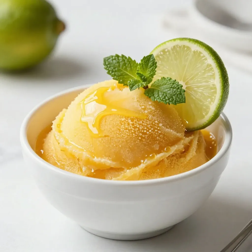 - 4 ripe mangoes, peeled and diced - 1/2 cup freshly squeezed lime juice - 1/2 cup sugar - 1 cup water - 1 tablespoon lime zest - Pinch of salt For this mango lime sorbet, you need a few simple ingredients. Start with ripe mangoes. They should be sweet and soft to the touch. The lime juice adds a nice zing. Freshly squeezed is best for flavor. You will also need sugar to sweeten the mix. Adjust it based on how sweet your mangoes are. Water helps create a smooth texture. The lime zest brings out extra lime flavor. Lastly, a pinch of salt balances all the sweet and tart tastes. These ingredients work together to create a bright, refreshing dessert. Make sure everything is fresh for the best results. You can find ripe mangoes at your local market. Look for those that smell sweet and feel soft. This will ensure your sorbet is a fresh and flavorful delight! {{ingredient_image_1}} - Combine 1/2 cup of sugar and 1 cup of water in a medium saucepan. - Bring it to a gentle simmer over medium heat. Stir until the sugar fully dissolves. - Once dissolved, remove the saucepan from heat and let it cool completely. - Take 4 ripe mangoes, peeled and diced. - Add the diced mangoes, 1/2 cup of lime juice, 1 tablespoon of lime zest, and a pinch of salt to your blender. - Blend until the mixture is smooth and creamy. - Pour the cooled sugar syrup into the blender with the mango mixture. - Blend again until everything is fully mixed. - Taste it! Adjust the sweetness or tartness to your liking. - If you have an ice cream maker, pour the mixture in and churn it until it has a soft-serve texture. - No ice cream maker? No problem! Pour the mixture into a shallow dish, place it in the freezer, and stir every 30 minutes for about 3-4 hours. - Once it's fluffy and frozen, let it soften for a few minutes before scooping. Enjoy your fresh and delicious mango lime sorbet! To get the right texture for mango lime sorbet, watch the churning process closely. If you use an ice cream maker, it should take about 20 to 30 minutes. If you don’t have a machine, pour the mixture into a shallow dish. Place it in the freezer and stir every 30 minutes. Do this for about 3 to 4 hours. This way, the sorbet stays fluffy and smooth, not icy. Sweetness can change with the ripeness of mangoes. Always taste the mixture before freezing. If it’s too sweet, add more lime juice. If it’s too tart, mix in a bit more sugar. Start with half a cup, but feel free to adjust based on your taste. Remember, ripe mangoes are sweeter, so choose them wisely! Present your mango lime sorbet in chilled bowls or cups. This keeps it cold longer. Garnish with a slice of lime and a sprig of mint for a fresh look. For an extra touch, use a scoop to shape the sorbet into balls. Serve it on a colorful plate to make it pop. This not only looks great but also adds to the flavor experience! Pro Tips Choose Ripe Mangoes: Ensure your mangoes are perfectly ripe for the sweetest and most flavorful sorbet. Look for mangoes that yield slightly to pressure and have a fragrant aroma. Adjust Sweetness: Taste the mango-lime mixture before churning. If it’s too tart, feel free to add a little more sugar to achieve the balance you prefer. Chill Your Equipment: For fluffier sorbet, chill your ice cream maker bowl in the freezer for a few hours before churning the mixture. Storage Tips: Store any leftover sorbet in an airtight container to prevent ice crystals from forming. Let it sit at room temperature for a few minutes before scooping to soften. {{image_2}} You can mix mango with many fruits. Pineapple adds a sweet twist. Strawberries provide a lovely red color. Blueberries give a fun pop of flavor. You can even try peaches for a juicy blend. Adding herbs can elevate the taste. Mint brings a refreshing touch. Basil adds a unique, fragrant hint. Both herbs can make your sorbet stand out. You can create a creamy sorbet without dairy. Coconut milk works great for this. It adds a rich texture and tropical flavor. Use full-fat coconut milk for the best taste. You can also swap out sugar. Agave syrup is a nice choice. It blends well and keeps the sorbet smooth. This option is perfect for those avoiding sugar. Adding spirits can make your sorbet extra fun. Try rum or tequila for a tropical flair. Vodka is also a good choice, as it won't alter the flavor much. When using alcohol, balance is key. Start with a small amount and taste as you go. You want the spirit to enhance, not overpower. To store mango lime sorbet, first let it freeze completely. Place it in a shallow dish or an airtight container. This helps it freeze evenly. The sorbet lasts up to three months in the freezer. Just label it with the date for easy tracking. If your sorbet gets too hard, simply let it sit at room temperature for a few minutes. Once it softens, you can re-churn it for a smoother texture. To prevent freezer burn, cover the sorbet tightly with plastic wrap before sealing it in a container. This keeps the air out and the flavor in. For the best storage, use a container that seals well. Glass or plastic containers work great. Avoid metal containers; they may alter the taste. To stop flavor absorption, keep sorbet away from strong-smelling foods in the freezer. This keeps every scoop fresh and tasty. Yes, you can! If you lack an ice cream maker, pour the mango-lime mixture into a shallow dish. Place it in the freezer. Stir it every 30 minutes for about 3 to 4 hours. This method helps achieve a fluffier texture. To check if mangoes are ripe, feel them gently. They should yield slightly to pressure. A ripe mango also has a sweet aroma at the stem. The skin may change color, too, but this varies with mango types. You can mix in other fruits like pineapple or berries. Adding fresh herbs like mint or basil gives a unique twist. Also, consider blending coconut milk for a creamy texture. Experiment with flavors and find your favorite! Yes, you can use honey, agave syrup, or stevia as a sweetener. Adjust the amount for your taste. These alternatives can maintain the flavor while offering a healthier option. Just remember to balance sweetness with lime juice for the best taste. Here’s a quick recap of making mango lime sorbet. We covered the key ingredients, from ripe mangoes to lime juice. I showed you how to prepare sugar syrup and mix it for a smooth blend. Tips helped ensure the perfect texture, and we explored fun flavor variations. Enjoy your sorbet creation. Experiment with it, and make it your own! Simple recipes like this can bring smiles to your table.