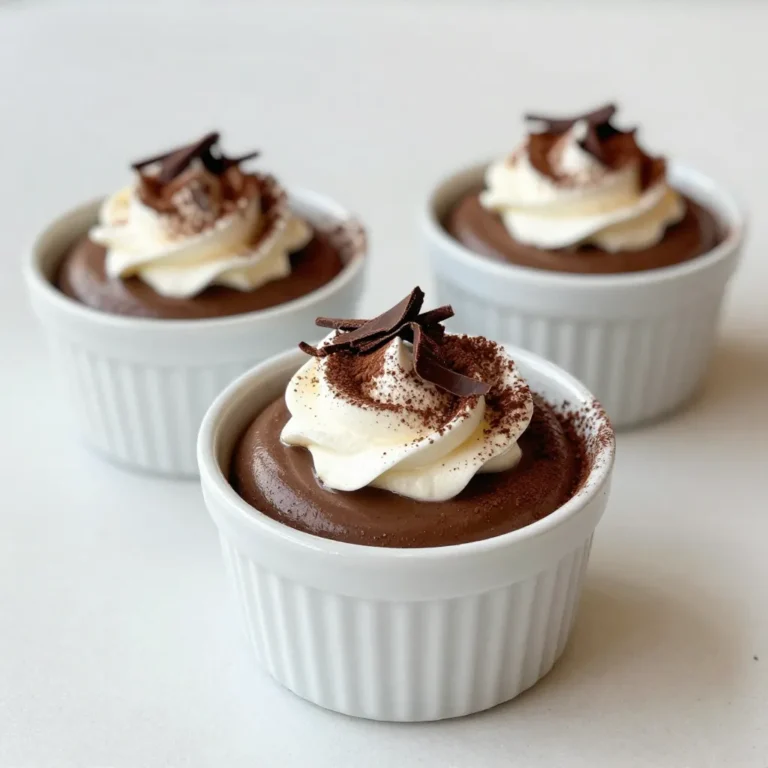 To make a rich chocolate espresso mousse, you will need: - 6 oz dark chocolate (70% cacao), chopped - 2 tablespoons espresso, brewed and cooled - 3 large eggs, separated - 2 tablespoons granulated sugar - 1 cup heavy cream - 1 teaspoon vanilla extract - Pinch of salt - Cocoa powder or chocolate shavings for garnish Measuring ingredients correctly matters for great results. Use a kitchen scale for the chocolate. This ensures you use just the right amount. For the sugar, a standard measuring spoon works well. When measuring liquids, use a clear liquid measuring cup for accuracy. Keep your eggs at room temperature for better mixing. Choose high-quality dark chocolate with at least 70% cacao. Brands like Ghirardelli or Lindt work well. For espresso, freshly brewed is best. You can use an espresso machine or a stovetop Moka pot. The stronger the coffee, the richer the flavor in your mousse. {{ingredient_image_1}} Start by chopping 6 ounces of dark chocolate. Place it in a heatproof bowl. Put this bowl over a pot of simmering water. This method is known as a double boiler. Stir the chocolate often until it melts and becomes smooth. Once melted, remove the bowl from the heat and let it cool slightly. Next, take 2 tablespoons of brewed espresso. Make sure your espresso is cooled. Stir the cooled espresso into the melted chocolate. Mix until the two are well combined. This step adds a rich coffee flavor to your mousse. Now, separate 3 large eggs. In a bowl, whisk the egg yolks with 2 tablespoons of granulated sugar. Keep whisking until the mix turns pale and creamy. Then, gradually add the chocolate-espresso mixture. Mix well until you see no lumps. In another bowl, beat the egg whites with a pinch of salt. Beat until stiff peaks form. This means the whites should stand tall without falling. In a separate bowl, pour 1 cup of heavy cream. Add 1 teaspoon of vanilla extract for flavor. Whip the cream until soft peaks form. Soft peaks mean you can lift the whisk and see a gentle curl in the cream. Now, gently fold the whipped cream into the chocolate mixture. Use a spatula for this. Make sure to do this slowly. You want to keep the air in the whipped cream. Stop folding when you see no more white streaks. Spoon the mousse into serving cups or ramekins. Place them in the fridge to chill for at least 2 to 3 hours. This helps the mousse set properly. When ready to serve, dust the top with cocoa powder or sprinkle chocolate shavings. This adds a nice touch to your dessert. Enjoy your rich and velvety chocolate espresso mousse! To get the best texture in your mousse, follow these steps: - Use high-quality dark chocolate with at least 70% cacao. - Melt the chocolate gently over simmering water. Avoid direct heat to prevent burning. - Whip the egg whites until they form stiff peaks. This adds air and lightness. - Fold the egg whites into the chocolate mix gently. This keeps the mousse fluffy. - Whip the cream until it has soft peaks. This helps create a rich, creamy texture. You can boost flavor in your mousse with these tips: - Add a splash of coffee liqueur for depth. - Try stirring in a pinch of cinnamon for warmth. - Use flavored extracts like almond or hazelnut for a twist. - Top with fresh berries or nuts for a vibrant finish. - Cocoa powder or chocolate shavings can add elegance when garnishing. Watch out for these common mistakes: - Don’t overbeat the cream or egg whites. This can make the mousse grainy. - Avoid stirring too hard when combining mixtures. You want to keep it light. - Don’t skip chilling time. The mousse needs time to set properly. - Ensure all bowls and utensils are clean and dry before starting. This helps the egg whites whip better. - If using different chocolate, taste test first. Different brands can vary in sweetness and flavor. Pro Tips Use Quality Chocolate: The flavor of your mousse largely depends on the chocolate you use. Opt for high-quality dark chocolate with at least 70% cacao for a richer taste. Cool Espresso Before Mixing: Ensure your brewed espresso is completely cooled before adding it to the melted chocolate. This helps maintain the smooth texture of the mousse. Careful Folding Technique: When combining the whipped egg whites and cream with the chocolate mixture, fold gently to retain airiness for a light and fluffy mousse. Chill for Best Results: Allow the mousse to chill for at least 2-3 hours before serving. This not only helps it set but also intensifies the flavors. {{image_2}} You can make a dairy-free chocolate espresso mousse. Swap heavy cream for coconut cream. Use dark chocolate with no dairy. This keeps the rich taste while fitting a dairy-free diet. Want to change up the flavor? Add zest from an orange for a bright taste. Mint extract gives a fresh kick. Just a few drops can change the whole mousse. You can even mix in coffee liqueur for an extra layer of flavor. Do you prefer your mousse sweeter or less sweet? Adjust the sugar to your taste. You can start with less and add more if needed. Tasting as you go helps you find the perfect balance. Store your chocolate espresso mousse in the fridge. Use airtight containers to keep it fresh. Avoid letting it sit out for long. Cover each serving with plastic wrap if you use cups. This prevents air from drying out the mousse. You can freeze chocolate espresso mousse. First, spoon it into freezer-safe containers. Leave some space at the top to allow for expansion. When you're ready to enjoy it, thaw in the fridge overnight. The texture may change slightly, but it still tastes great. The mousse lasts up to three days in the fridge. If it looks dry or has a strange smell, it’s time to toss it. Always check for any changes in color or texture. Fresh mousse should be smooth and creamy. Enjoy your treat while it's at its best! Yes, you can use other chocolates. Dark chocolate gives the best rich flavor. Milk chocolate makes it sweeter and creamier. White chocolate will change the taste but can still work. The mousse needs to chill for at least 2-3 hours. This helps it firm up and set correctly. For the best texture, chill it overnight if you can. Yes, you can make this mousse ahead of time. It stores well in the fridge. Just cover it tightly to keep it fresh. Prepare it a day or two before serving for best results. You can use coconut cream for a dairy-free option. Silken tofu blended with some sugar also works. For a lighter version, try using half-and-half, but the texture may change. Yes, you can make a vegan version! Use dark chocolate with no dairy. Replace eggs with aquafaba, the liquid from chickpeas, whipped to form peaks. Use coconut cream instead of heavy cream for a rich texture. This blog post covered essential steps to make a delicious chocolate espresso mousse. We identified key ingredients and measuring tips for accuracy. You learned how to melt chocolate and prepare the espresso mix. I shared tips for achieving the best texture and offered tasty variations. Remember to store your mousse correctly to enjoy its fresh taste. With practice, you’ll avoid common mistakes and create a dessert that impresses everyone. Enjoy making this delightful treat!